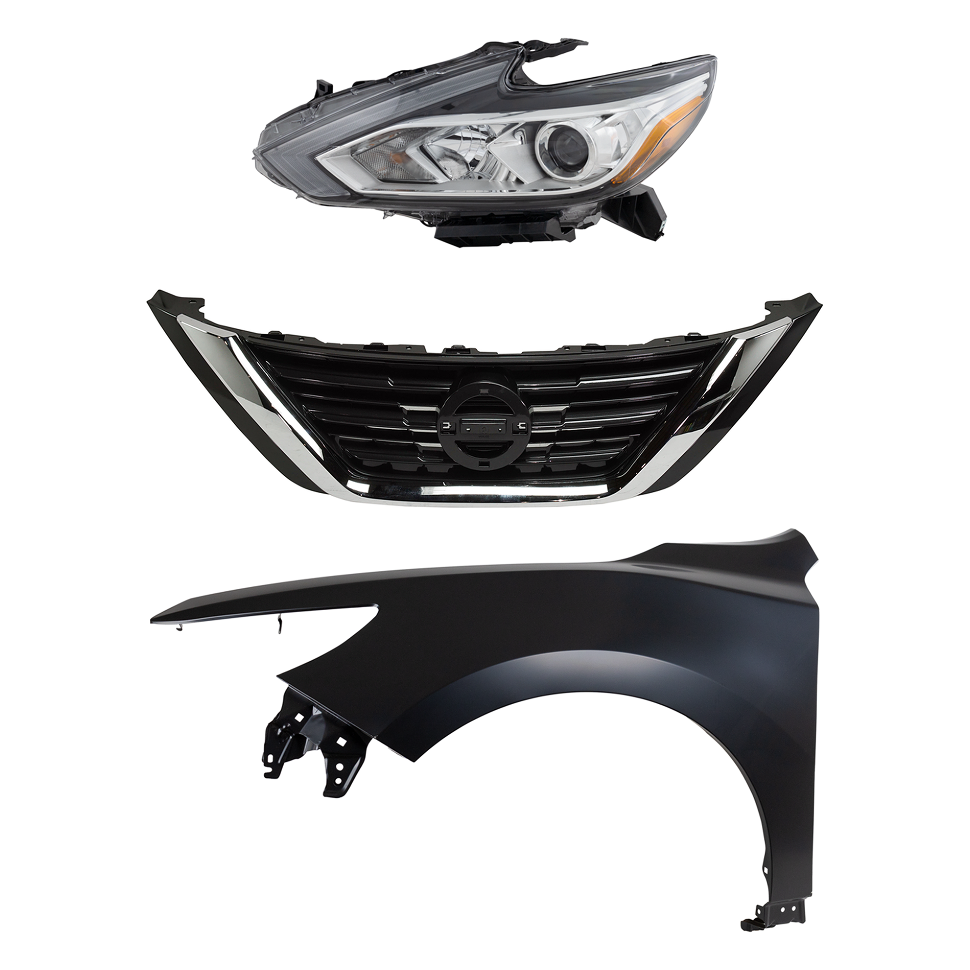 AM ALTIMA 16-18 HEAD LAMP LH Assembly Halogen 3 pc Kit with Fender and Grille Assembly SKU KIT 030823-17102 Partslink NI2502247 NI1240221 NI1200283 OEM 260609HS9A 631019HS0A 623109HS