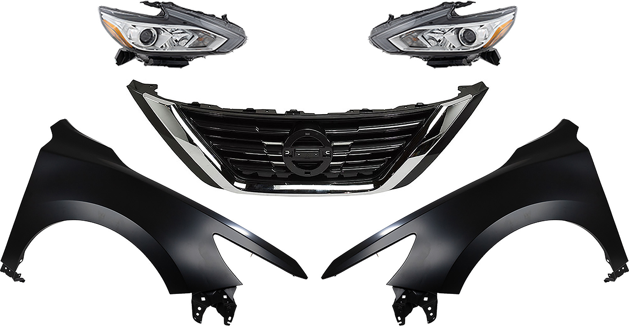 AM ALTIMA 16-18 HEAD LAMP RH AND LH Assembly Halogen 5 pc Kit with Fenders and Grille Assembly SKU KIT 030823-171 Partslink NI2502247 NI2503247 NI1240221 NI1241221 NI1200283 OEM 260609HS9A 260109HS9A 631019HS