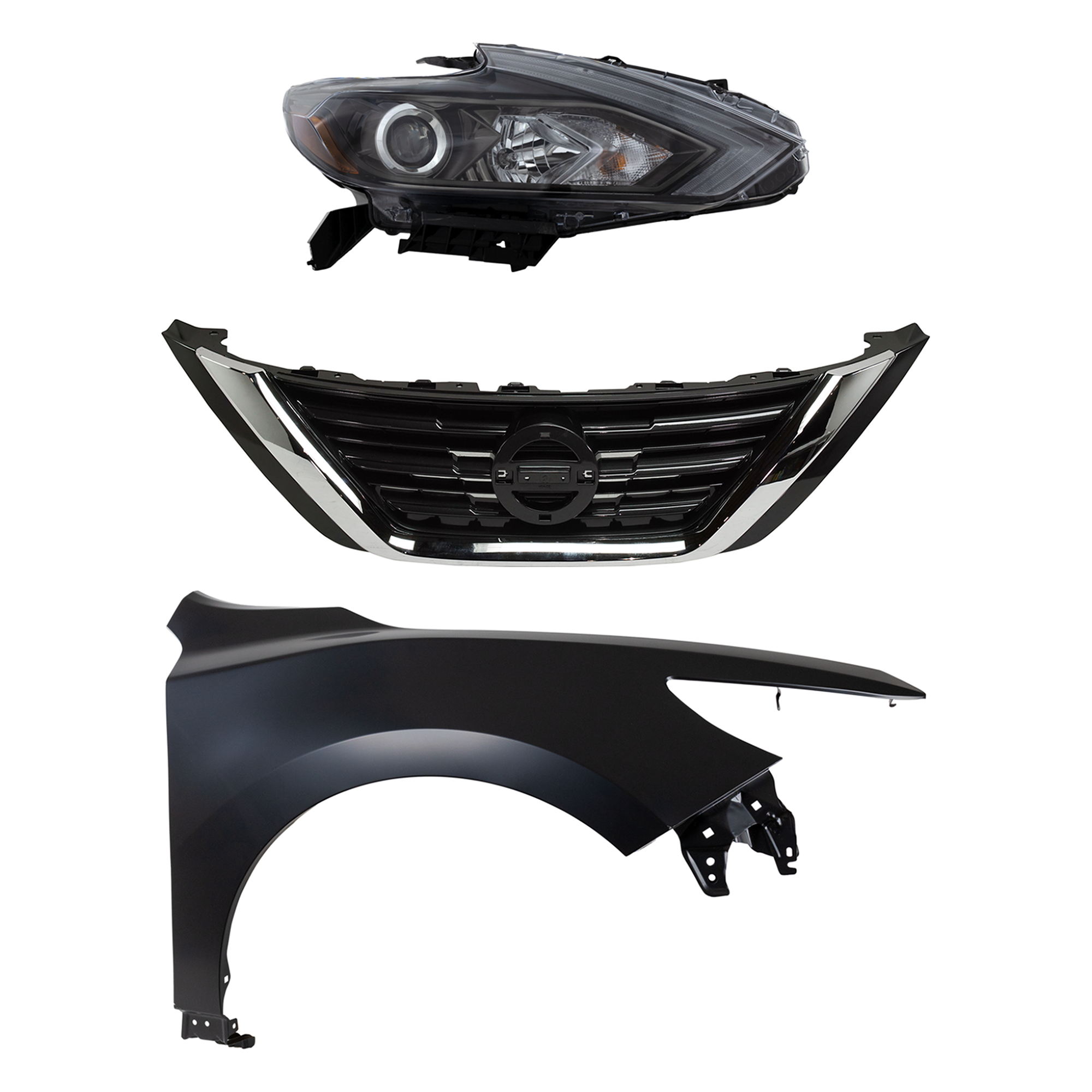 AM ALTIMA 16-18 HEAD LAMP RH Assembly Halogen 3 pc Kit with Fender and Grille Assembly SKU KIT 030823-17201 Partslink NI1241221 NI1200283 OEM 260109HS4A 631009HS0A 623109HS