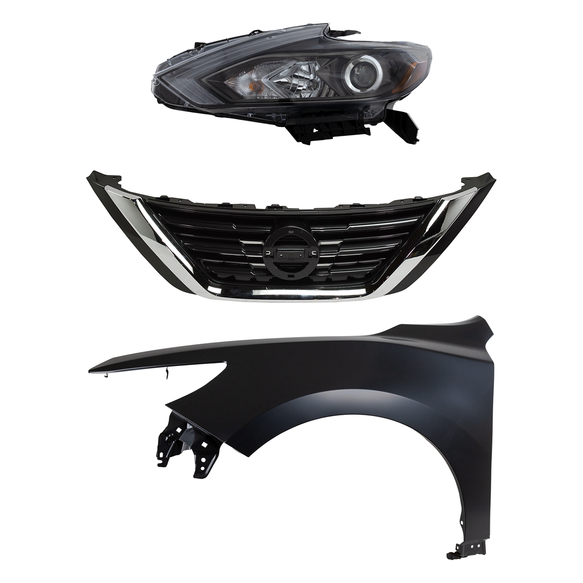 AM ALTIMA 16-18 HEAD LAMP LH Assembly Halogen 3 pc Kit with Fender and Grille Assembly SKU KIT 030823-17202 Partslink NI1240221 NI1200283 OEM 260609HS4A 631019HS0A 623109HS