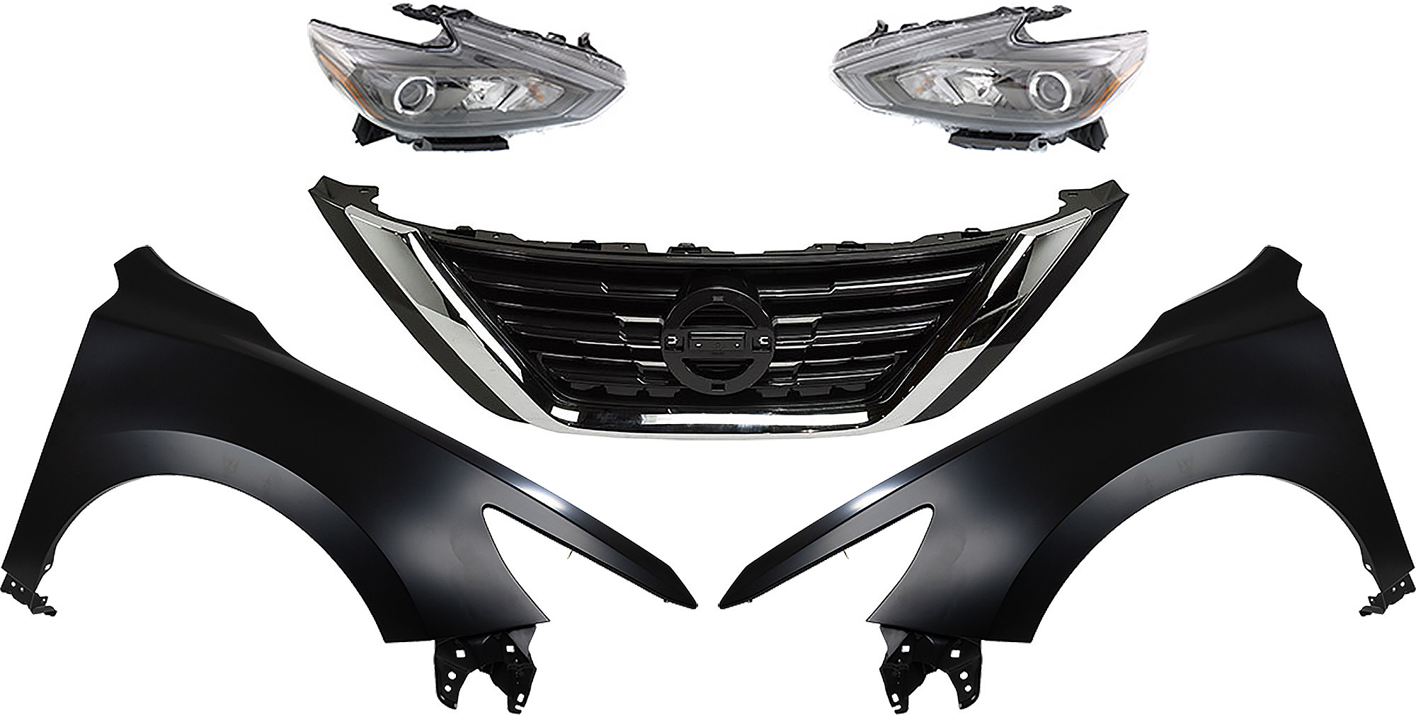 AM ALTIMA 16-18 HEAD LAMP RH AND LH Assembly Halogen 5 pc Kit with Fenders and Grille Assembly SKU KIT 030823-172 Partslink NI1240221 NI1241221 NI1200283 OEM 260109HS4A 260609HS4A 631019HS