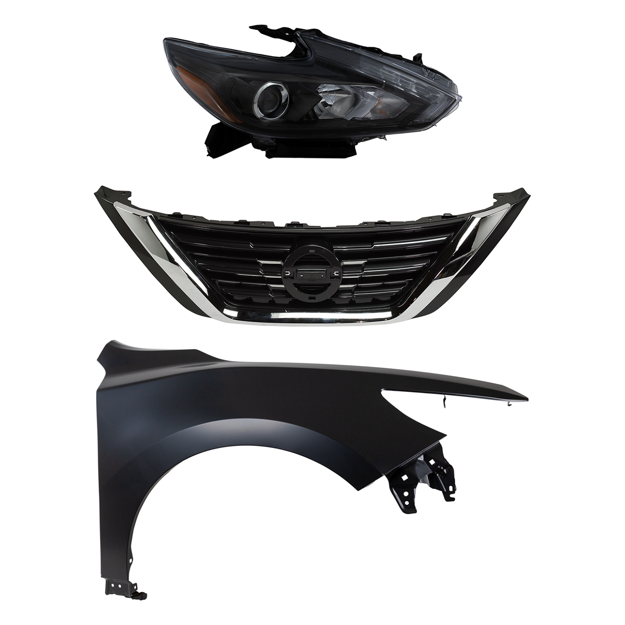 AM ALTIMA 16-18 HEAD LAMP RH Assembly LED 3 pc Kit with Fender and Grille Assembly SKU KIT 030823-17301 Partslink NI2503243 NI1241221 NI1200283 OEM 260109HS3B 631009HS0A 623109HS