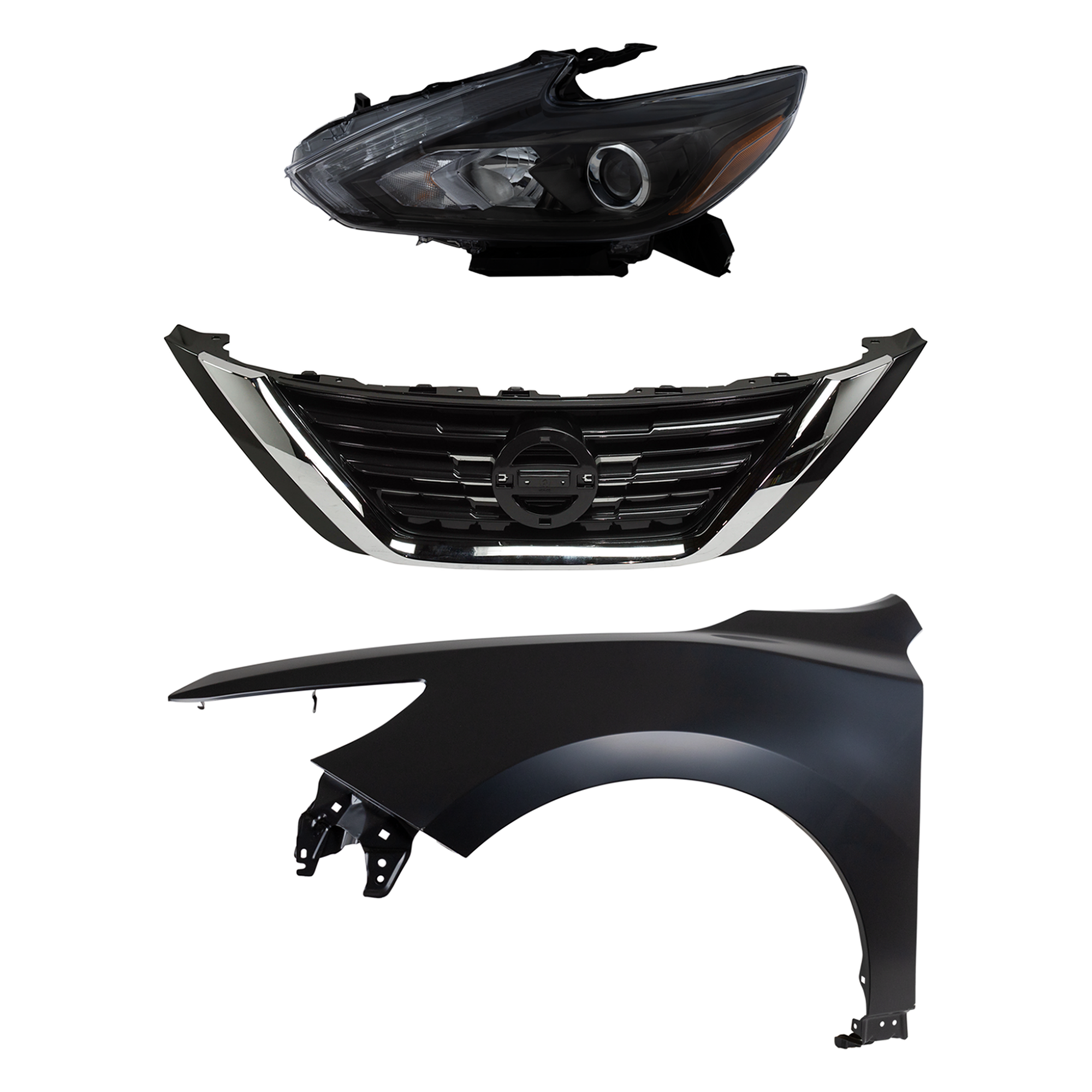 AM ALTIMA 16-18 HEAD LAMP LH Assembly LED 3 pc Kit with Fender and Grille Assembly SKU KIT 030823-17302 Partslink NI2502243 NI1240221 NI1200283 OEM 260609HS3B 631019HS0A 623109HS