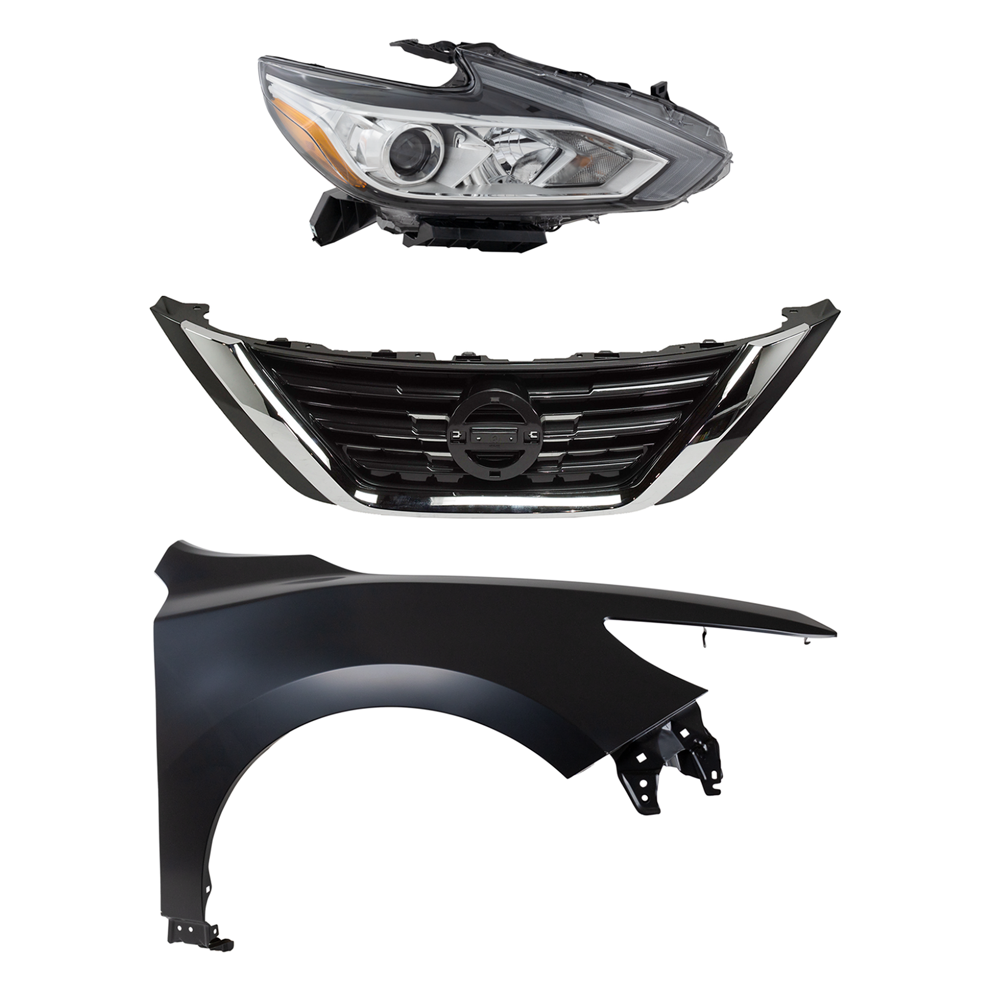 AM ALTIMA 16-18 HEAD LAMP RH Assembly Halogen 3 pc Kit with Fender and Grille Assembly CAPA SKU KIT 030823-17401 Partslink NI1200283C NI1241221C NI2503247C OEM 260109HS9A 623109HS1A 631009HS