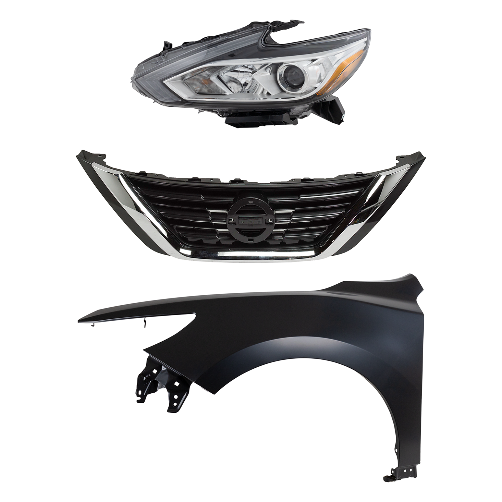 AM ALTIMA 16-18 HEAD LAMP LH Assembly Halogen 3 pc Kit with Fender and Grille Assembly SKU KIT 030823-17402 Partslink NI1200283C NI1240221C NI2502247C OEM 260609HS9A 623109HS1A 631019HS