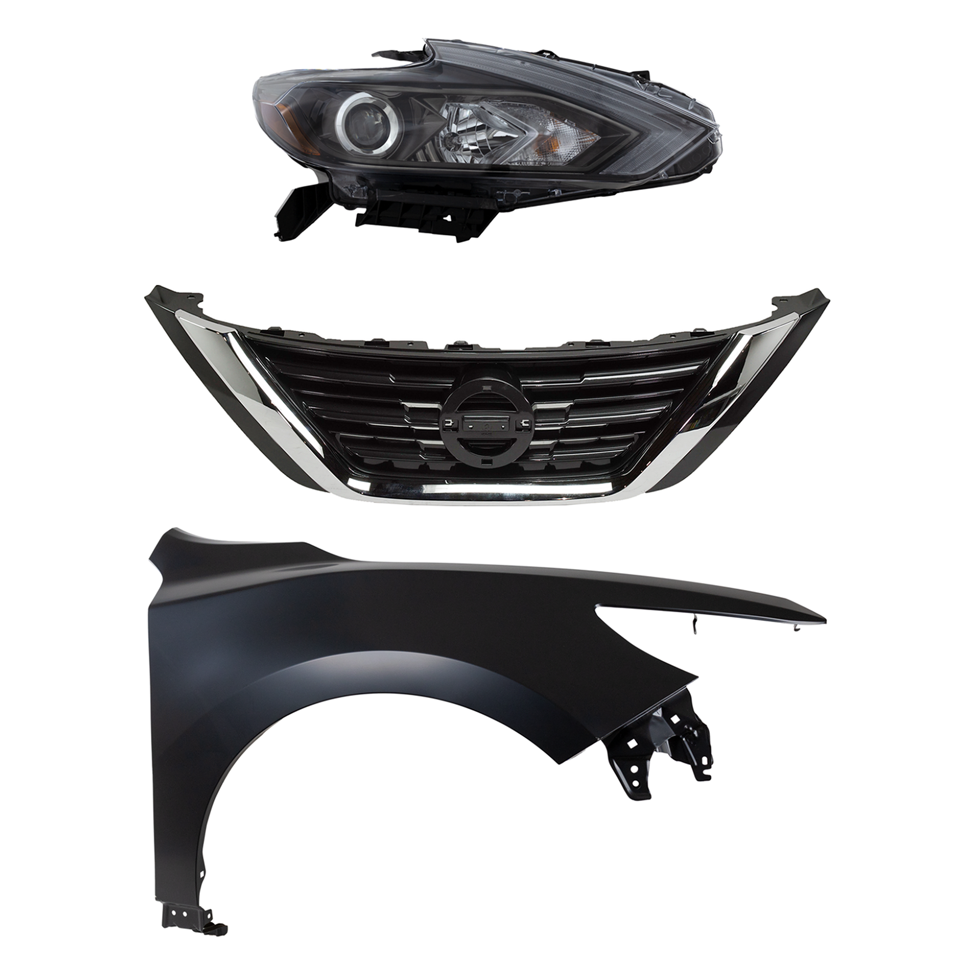 AM ALTIMA 16-18 HEAD LAMP RH Assembly Halogen 3 pc kit with Fender and Grille Assembly SKU KIT 030823-17501 Partslink NI1200283C NI1241221C OEM 260109HS4A 623109HS1A 631009HS