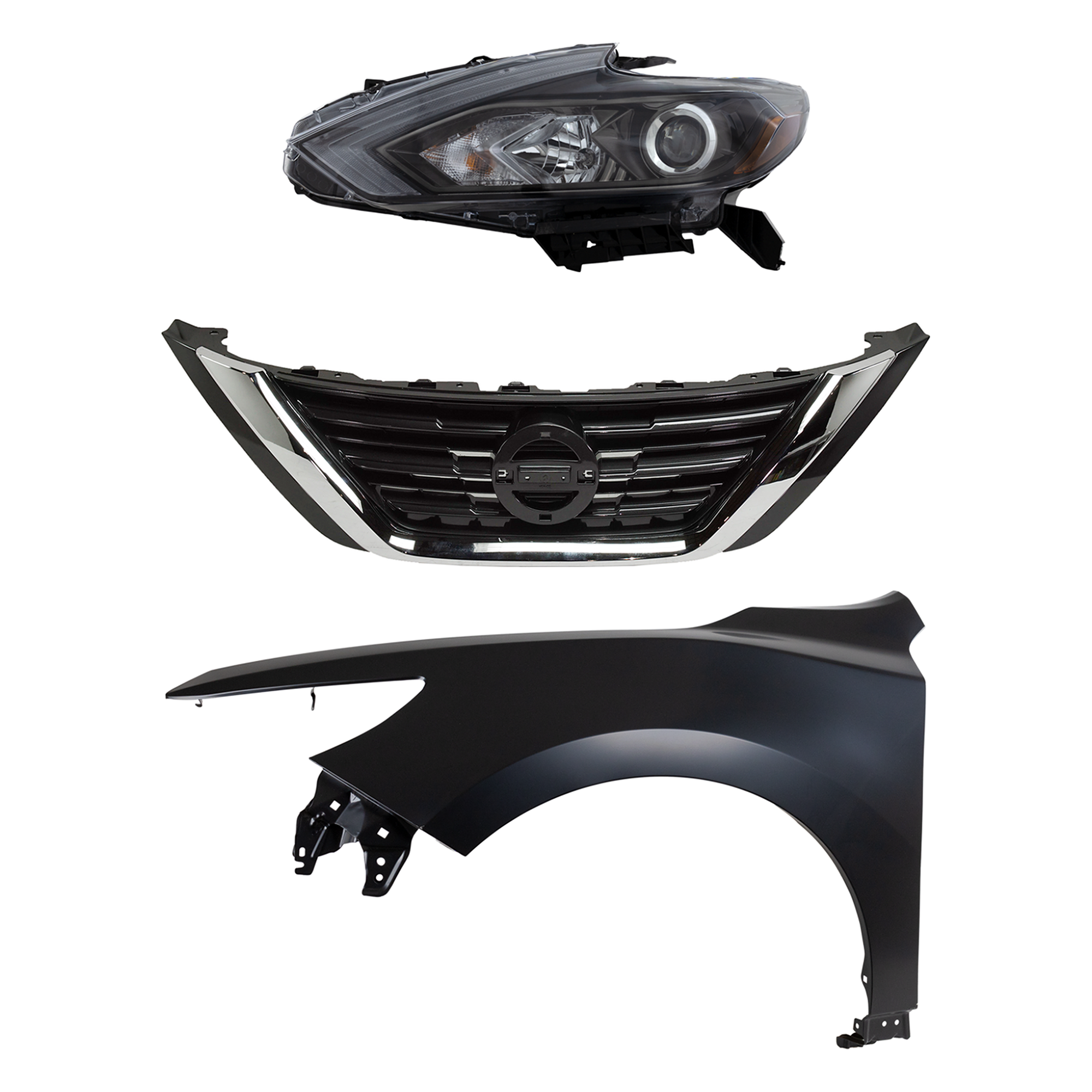 AM ALTIMA 16-18 HEAD LAMP LH Assembly Halogen 3 pc Kit with Fender and Grille Assembly SKU KIT 030823-17502 Partslink NI1200283C NI1240221C OEM 260609HS4A 623109HS1A 631019HS
