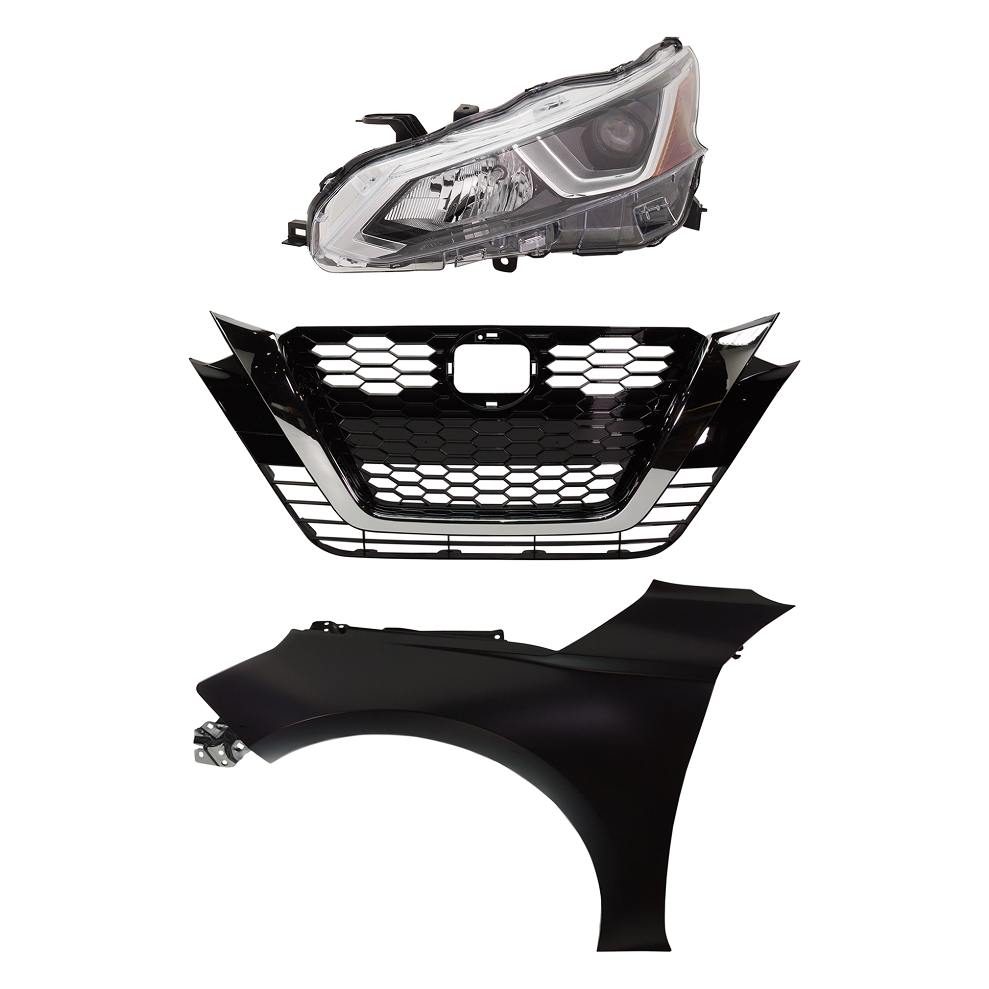 AM ALTIMA 19-21 HEAD LAMP LH 3 pc Kit Assembly Halogen S Models with Fender and Grille SKU KIT 030823-17602 Partslink NI2502265 NI1240234 NI1200292 OEM 260606CA0A 631016CA0A 623106CG