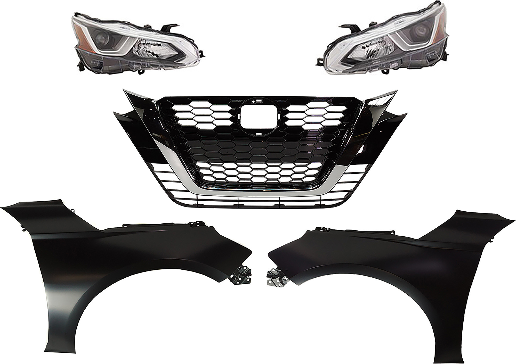 AM ALTIMA 19-21 HEAD LAMP RH AND LH Assembly Halogen 5 pc Kit S Models with Fenders and Grille SKU KIT 030823-176 Partslink NI2502265 NI2503265 NI1240234 NI1241234 NI1200292 OEM 260606CA0A 260106CA0A 631016CA