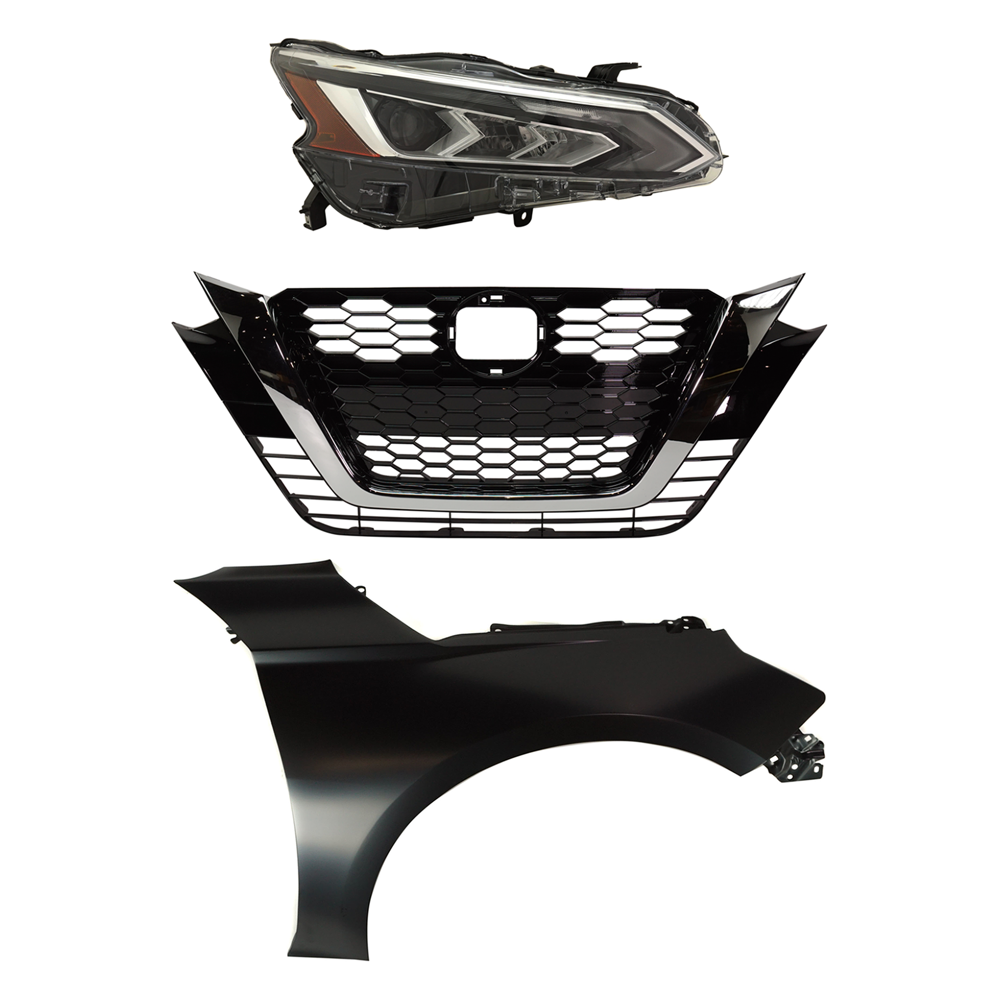 AM ALTIMA 19-22 HEAD LAMP RH 3 pc Kit Assembly LED S SL SV Models with Fender and Grille SKU KIT 030823-17701 Partslink NI2503266 NI1241234 NI1200292 OEM 260106CA5B 631006CA0A 623106CG