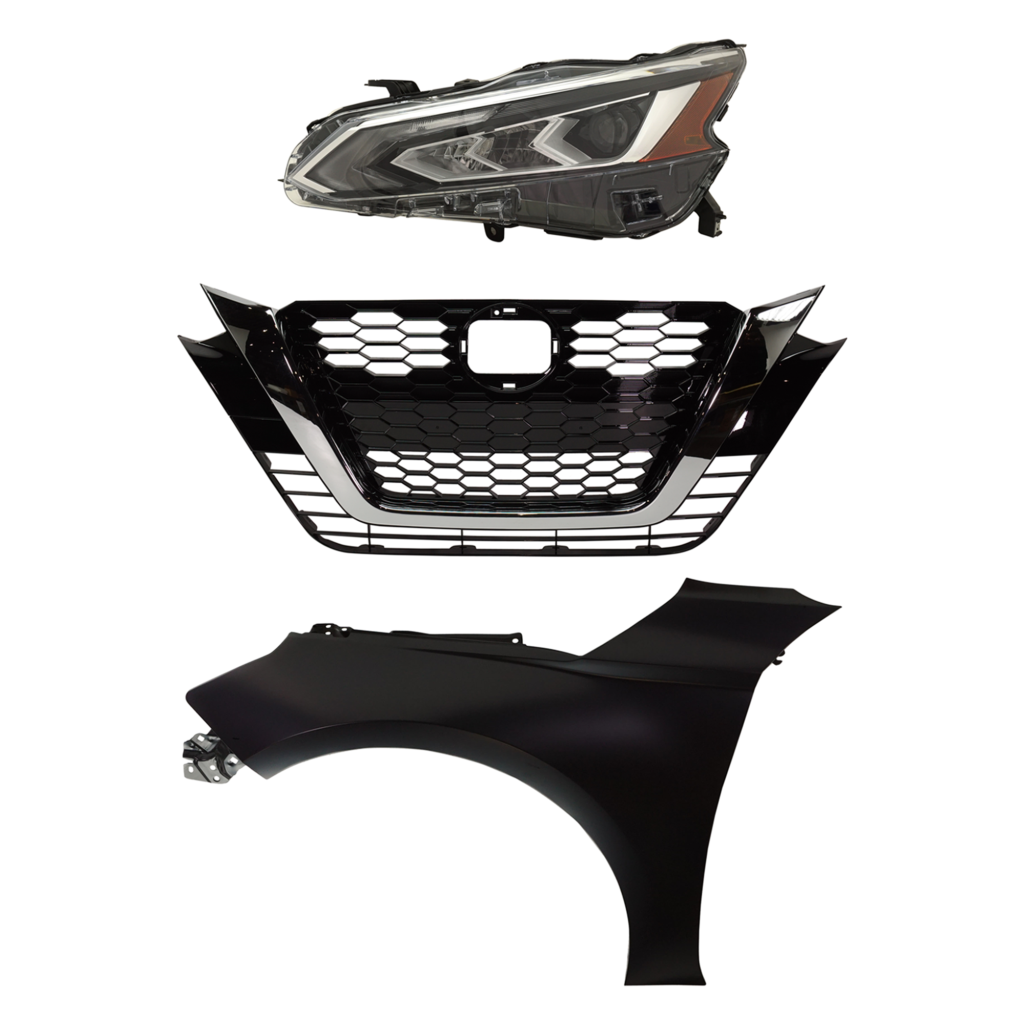 AM ALTIMA 19-22 HEAD LAMP LH LED Assembly 3 pc Kit with Fender and Grille Assembly SKU KIT 030823-17702 Partslink NI2502266 NI1240234 NI1200292 OEM 260606CA5B 631016CA0A 623106CG