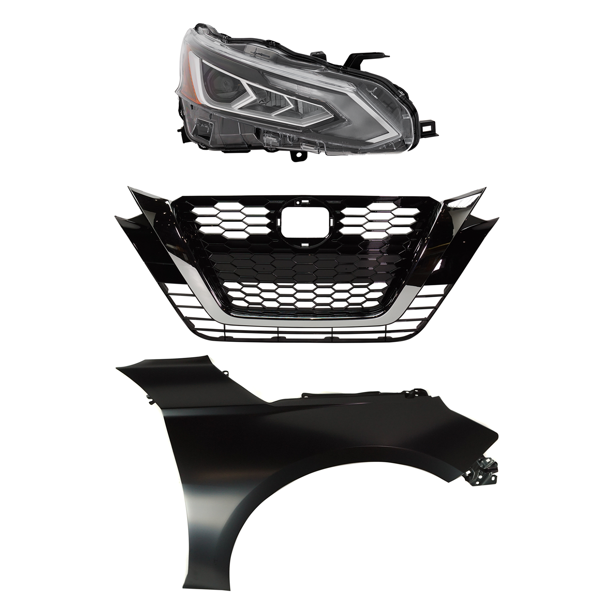 AM ALTIMA 19-22 HEAD LAMP RH 3 pc Kit Assembly LED S SL SV Models with Fender and Grille SKU KIT 030823-17801 Partslink NI2503281 NI1241234 NI1200292 OEM 260106CA6A 631006CA0A 623106CG