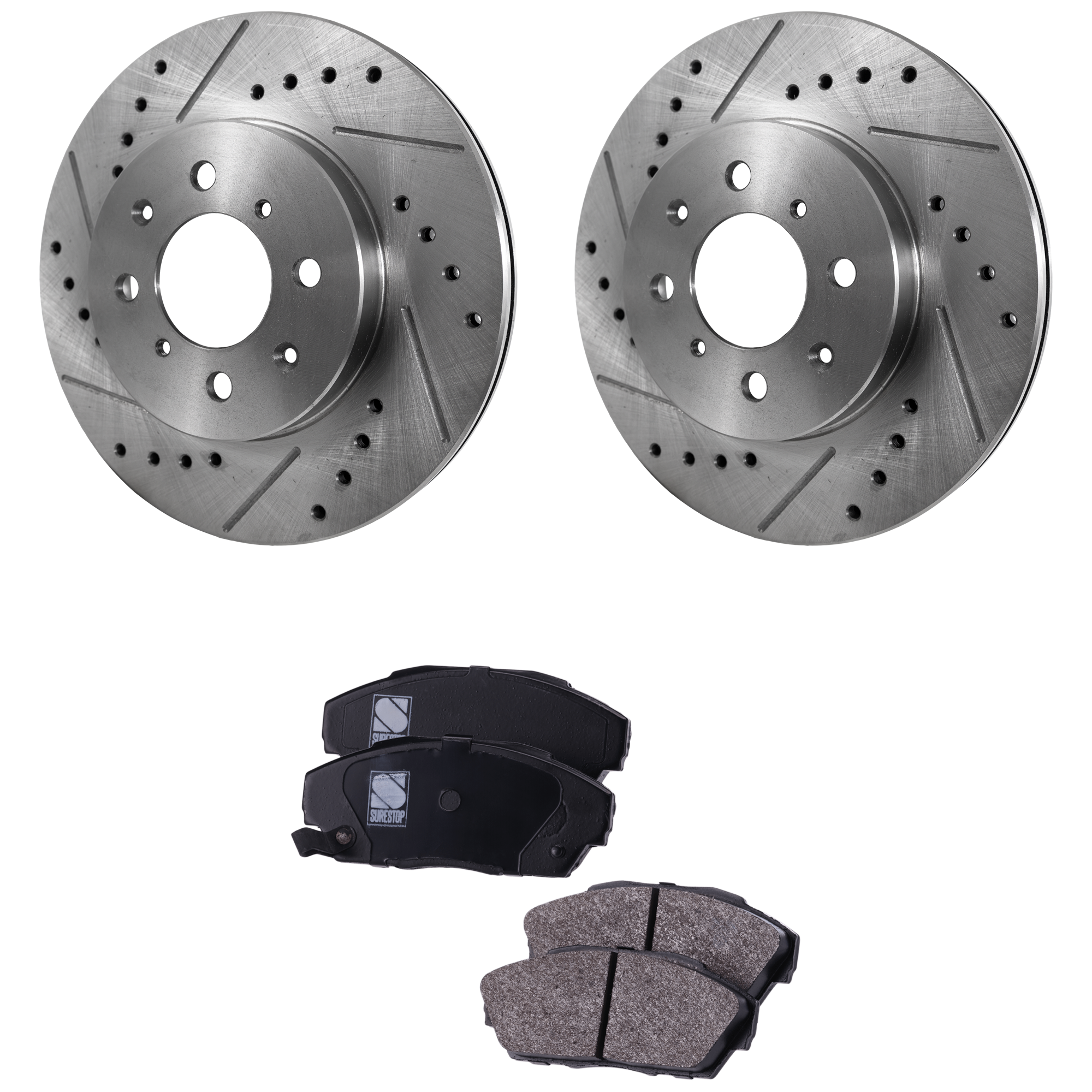 AM CIVIC INTEGRA 90-93 FRONT BRAKE DISC AND PAD KIT 2 Wheel Set Cross drilled and Slotted Ceramic SKU KIT 030823-17 OEM 288-3295-19756-25331-63255-860