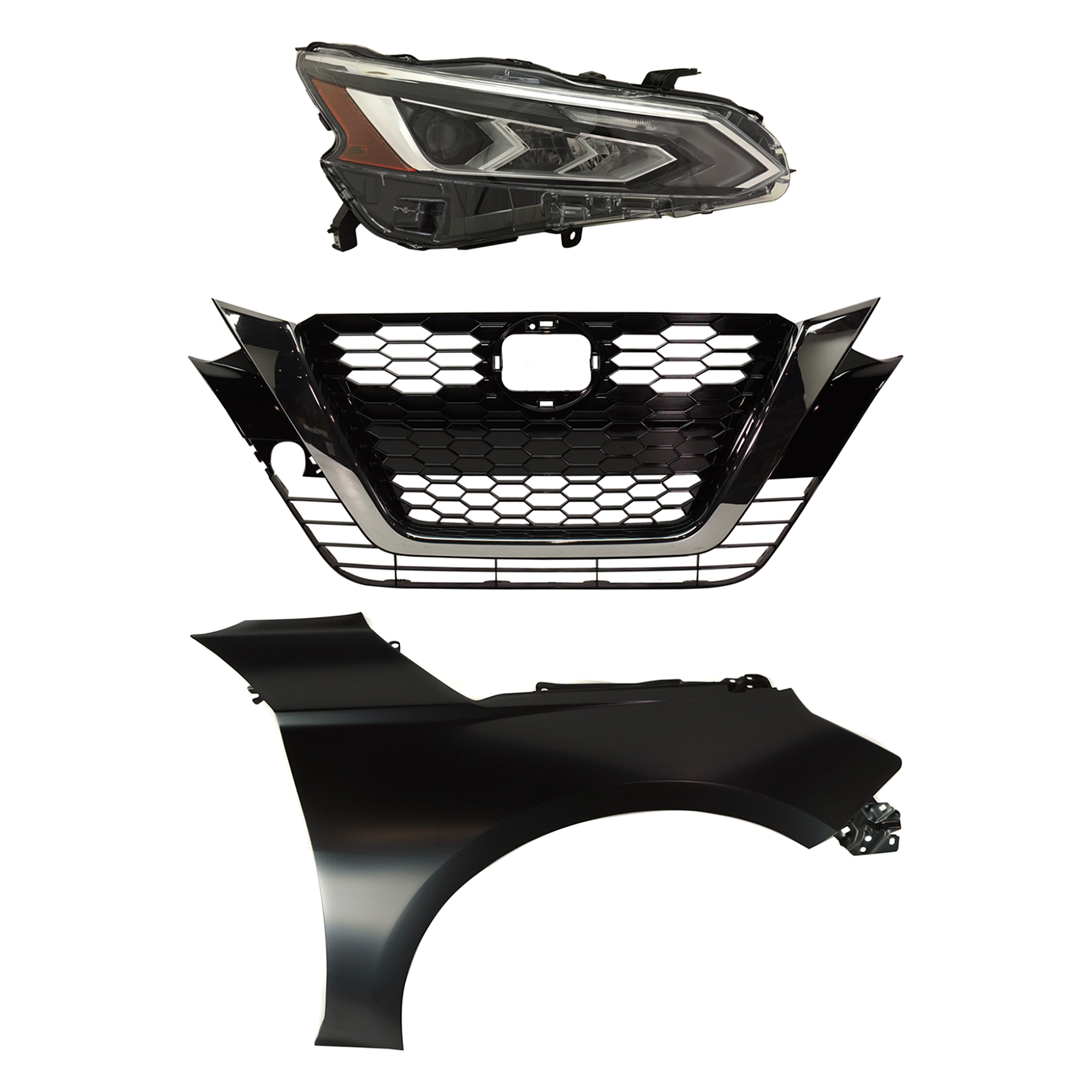 AM ALTIMA 19-22 HEAD LAMP RH LED Assembly 3 pc Kit SR Model with Fender and Grille Assembly SKU KIT 030823-18001 Partslink NI2503266 NI1241234 NI1200293 OEM 260106CA5B 631006CA0A 623106CG