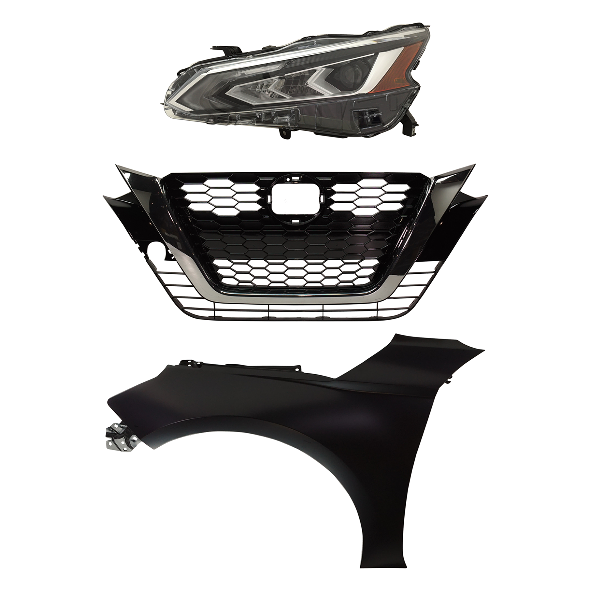 AM ALTIMA 19-22 HEAD LAMP LH LED Assembly 3 pc Kit SR Model with Fender and Grille Assembly SKU KIT 030823-18002 Partslink NI2502266 NI1240234 NI1200293 OEM 260606CA5B 631016CA0A 623106CG