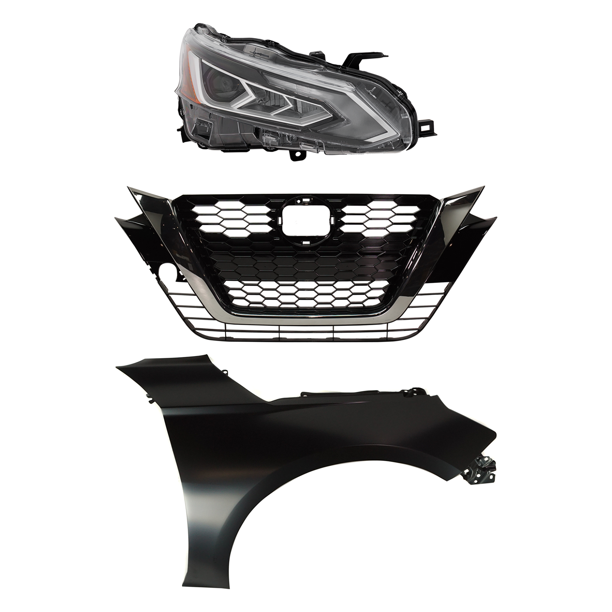 AM ALTIMA 19-22 HEAD LAMP RH LED Assembly 3 pc Kit SR Model with Fender and Grille Assembly SKU KIT 030823-18101 Partslink NI2503281 NI1241234 NI1200293 OEM 260106CA6A 631006CA0A 623106CG