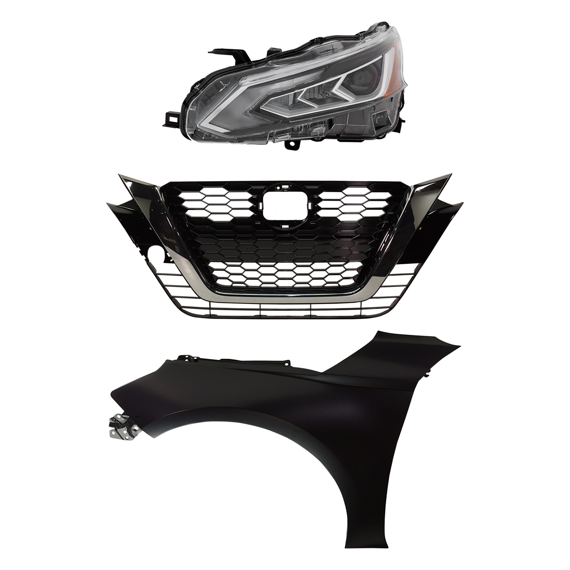 AM ALTIMA 19-22 HEAD LAMP LH LED Assembly 3 pc Kit SR Model with Fender and Grille Assembly SKU KIT 030823-18102 Partslink NI2502281 NI1240234 NI1200293 OEM 260606CA6A 631016CA0A 623106CG