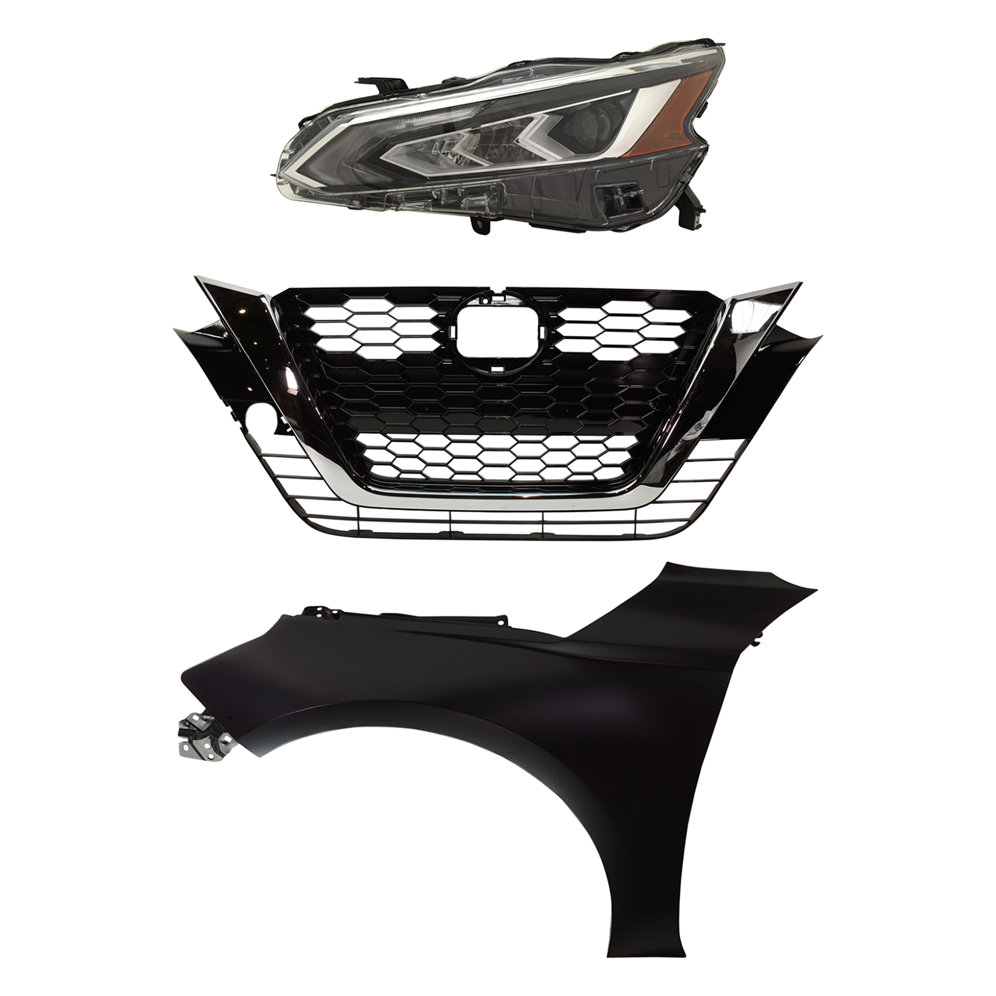 AM ALTIMA 19-22 HEAD LAMP LH LED Assembly 3 pc Kit with Fender and Grille Assembly SKU KIT 030823-18302 Partslink NI2502266 NI1240234 NI1200294 OEM 260606CA5B 631016CA0A 623106CG