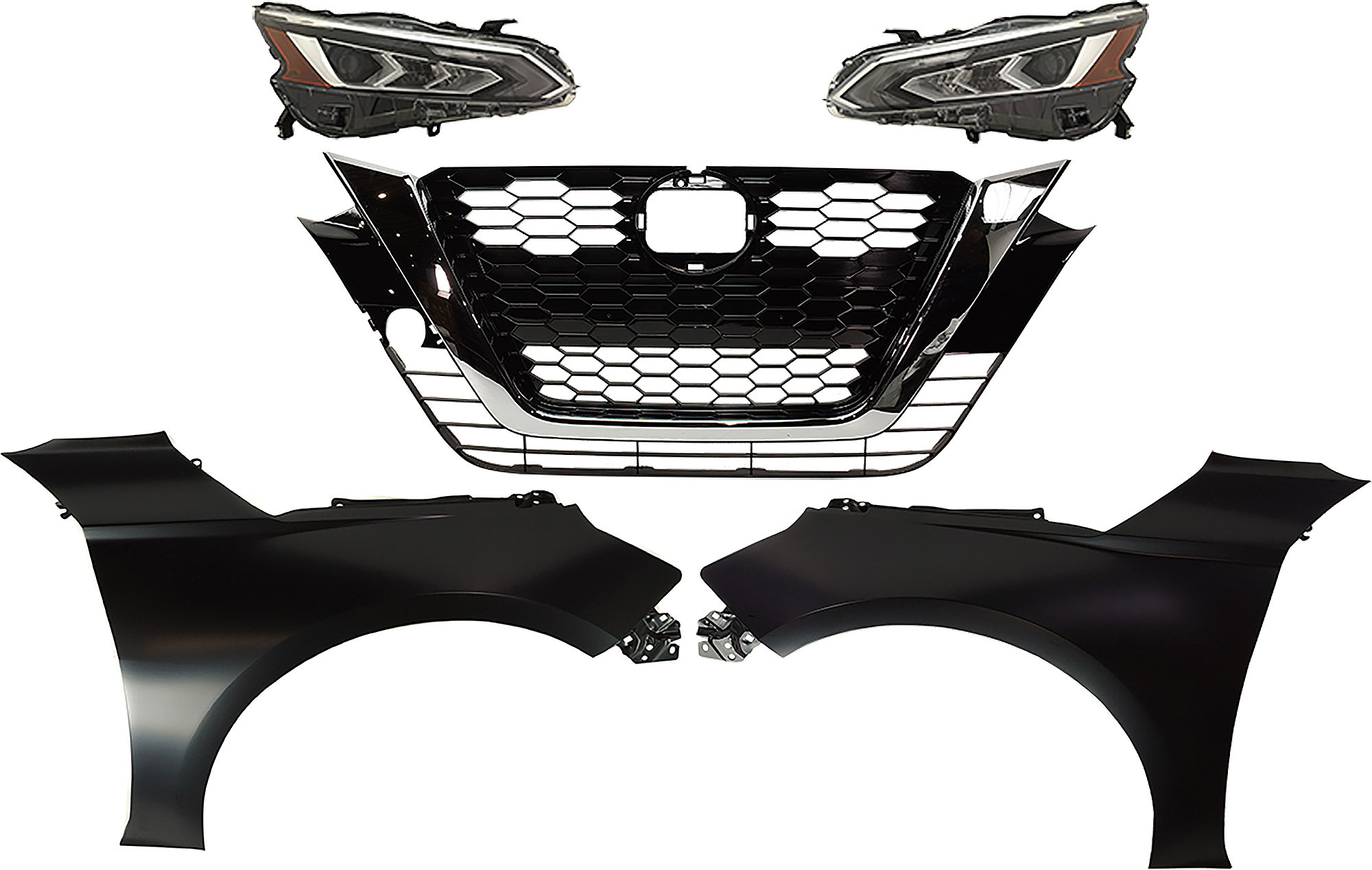 AM ALTIMA 19-22 HEAD LAMP RH AND LH Assembly LED 5 pc Kit with Fenders and Grille SKU KIT 030823-183 Partslink NI2503266 NI2502266 NI1240234 NI1241234 NI1200294 OEM 260106CA5B 260606CA5B 631016CA
