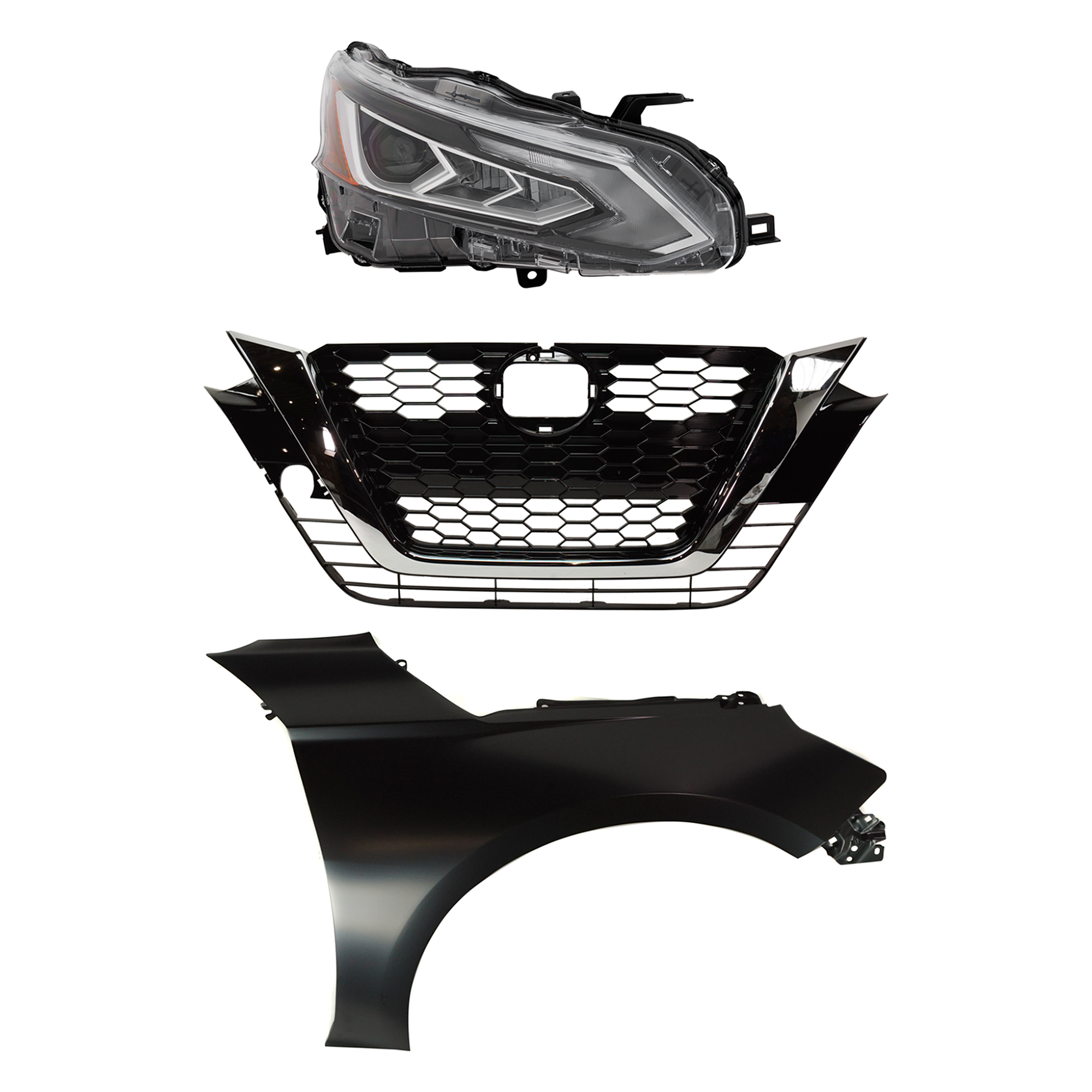 AM ALTIMA 19-22 HEAD LAMP RH 3 pc Kit Assembly LED with Fender and Grille SKU KIT 030823-18401 Partslink NI2503281 NI1241234 NI1200294 OEM 260106CA6A 631006CA0A 623106CG