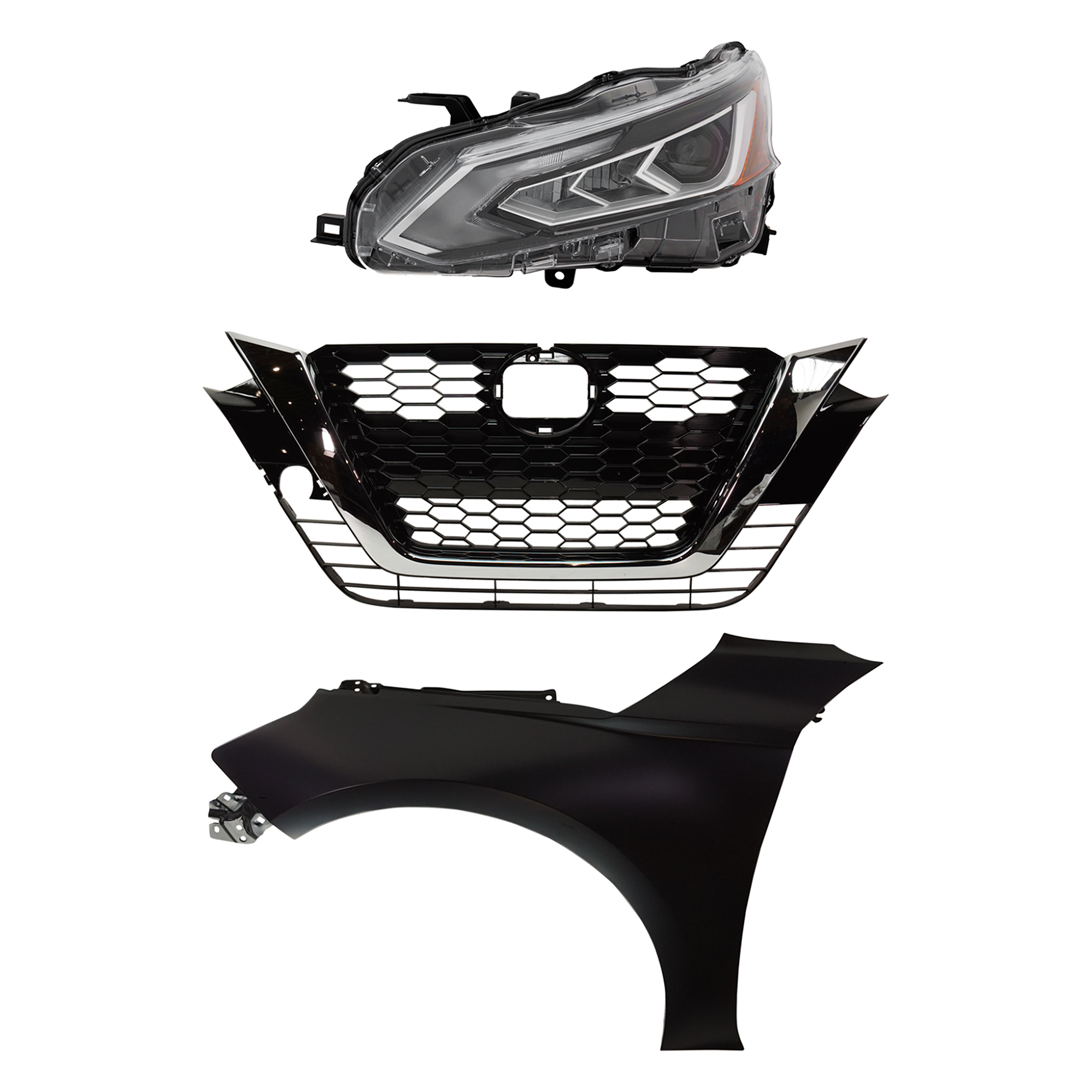 AM ALTIMA 19-22 HEAD LAMP LH 3 pc Kit Assembly LED with Fender and Grille SKU KIT 030823-18402 Partslink NI2502281 NI1240234 NI1200294 OEM 260606CA6A 631016CA0A 623106CG