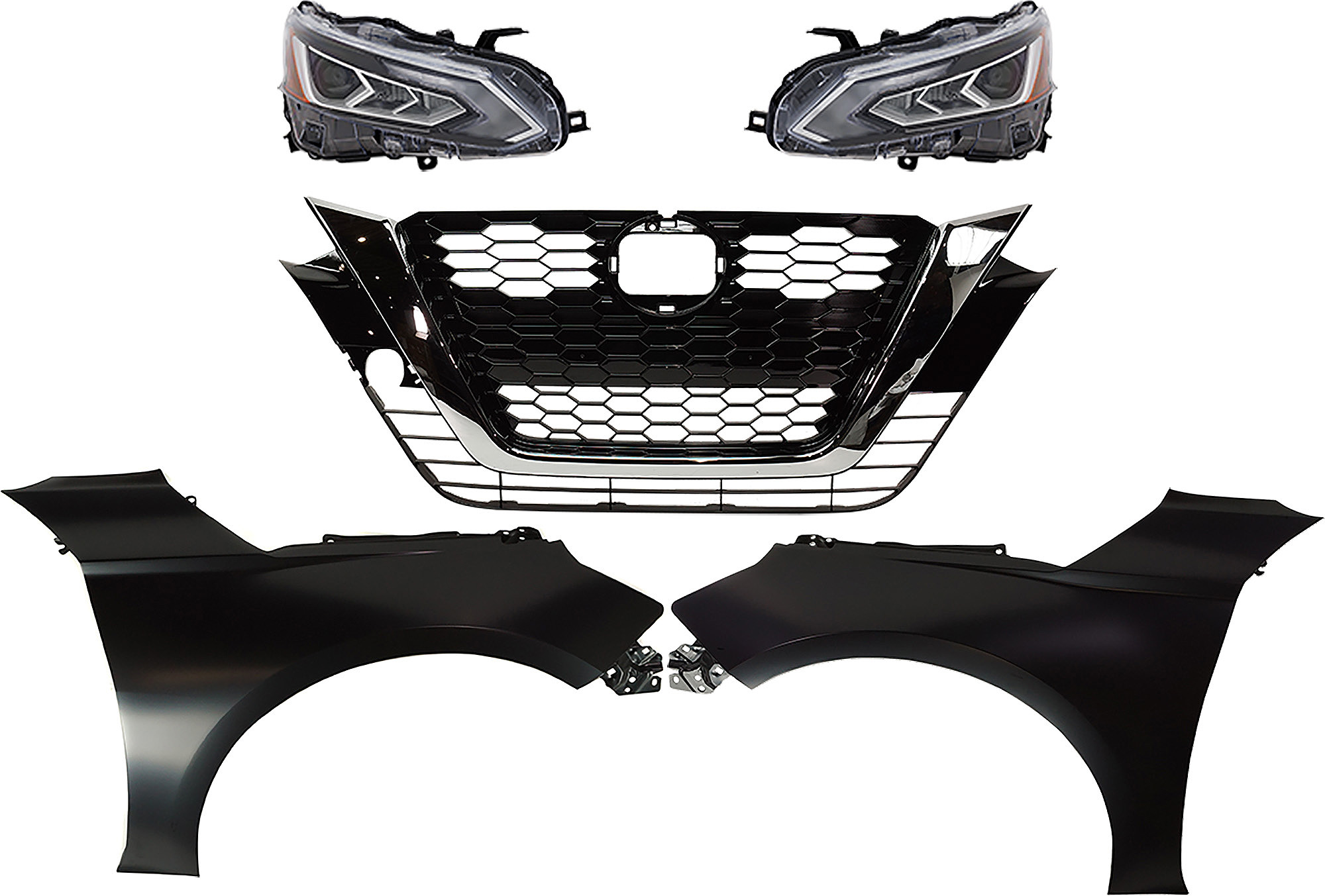 AM ALTIMA 19-22 HEAD LAMP RH AND LH Assembly LED 5 pc Kit with Fenders and Grille SKU KIT 030823-184 Partslink NI2502281 NI2503281 NI1240234 NI1241234 NI1200294 OEM 260106CA6A 260606CA6A 631016CA