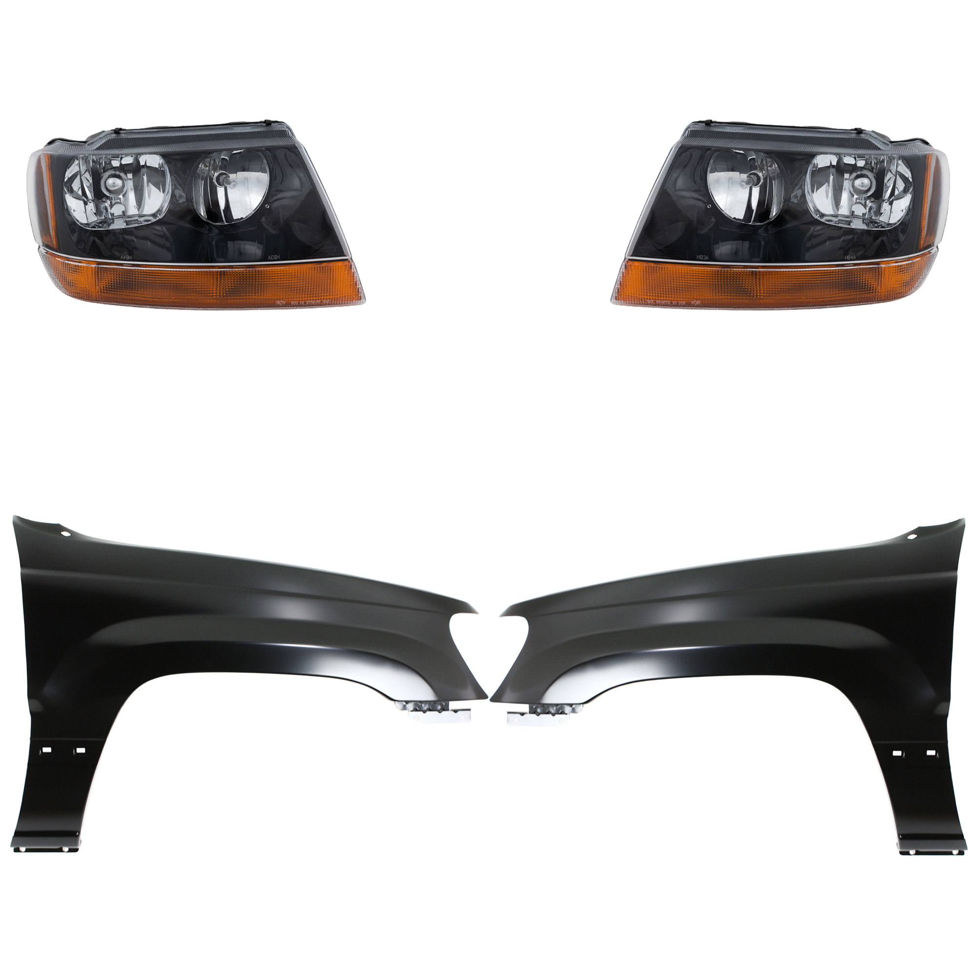 AM GRAND CHEROKEE 99-04 HEAD LAMP RH AND LH Assembly Halogen 4 pc Kit with Fender SKU KIT 030823-18703 Partslink CH1240211 CH1241211 CH2502121 CH2503121 OEM 5103400AA 5103401AA 55135900AC