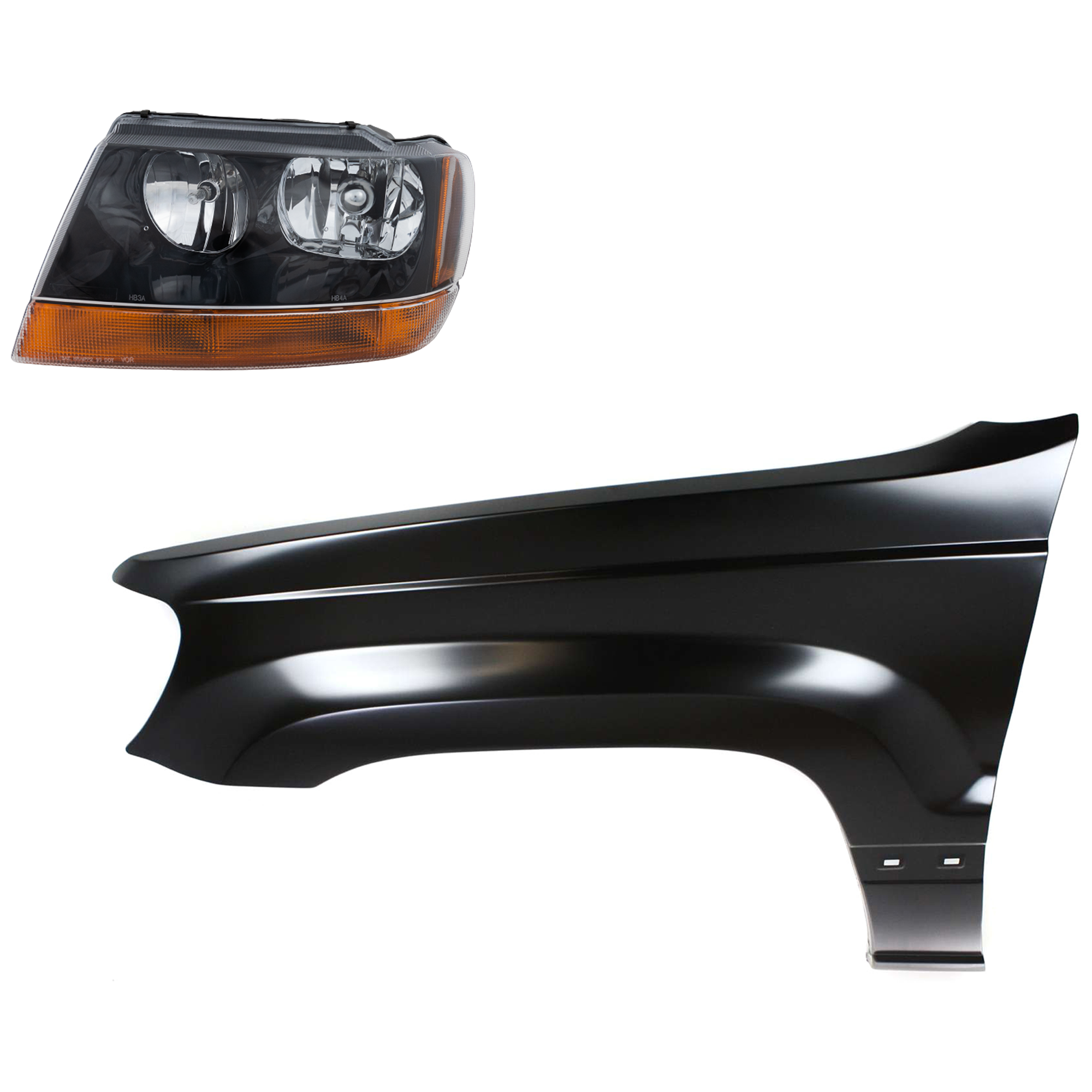 AM GRAND CHEROKEE 99-04 HEAD LAMP LH Assembly Halogen 2 pc Kit with Fender SKU KIT 030823-18705 Partslink CH1240211 CH2502121 OEM 5103401AA 55135901AC