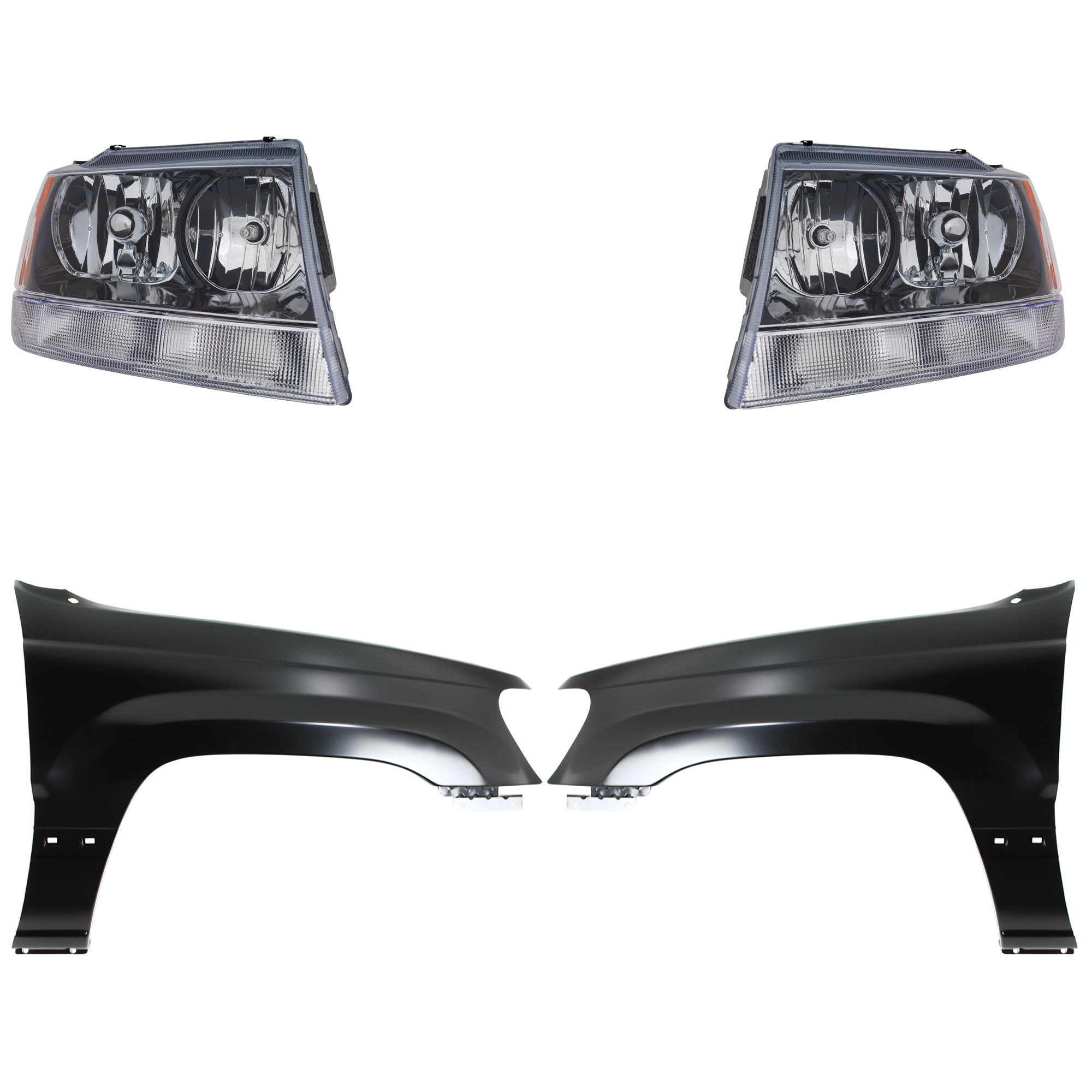 AM GRAND CHEROKEE 02-04 HEAD LAMP RH AND LH Assembly Halogen 4 pc Kit with Fender SKU KIT 030823-19903 Partslink CH1240211 CH1241211 CH2502138 CH2503138 OEM 55135900AC 55135901AC 55155128