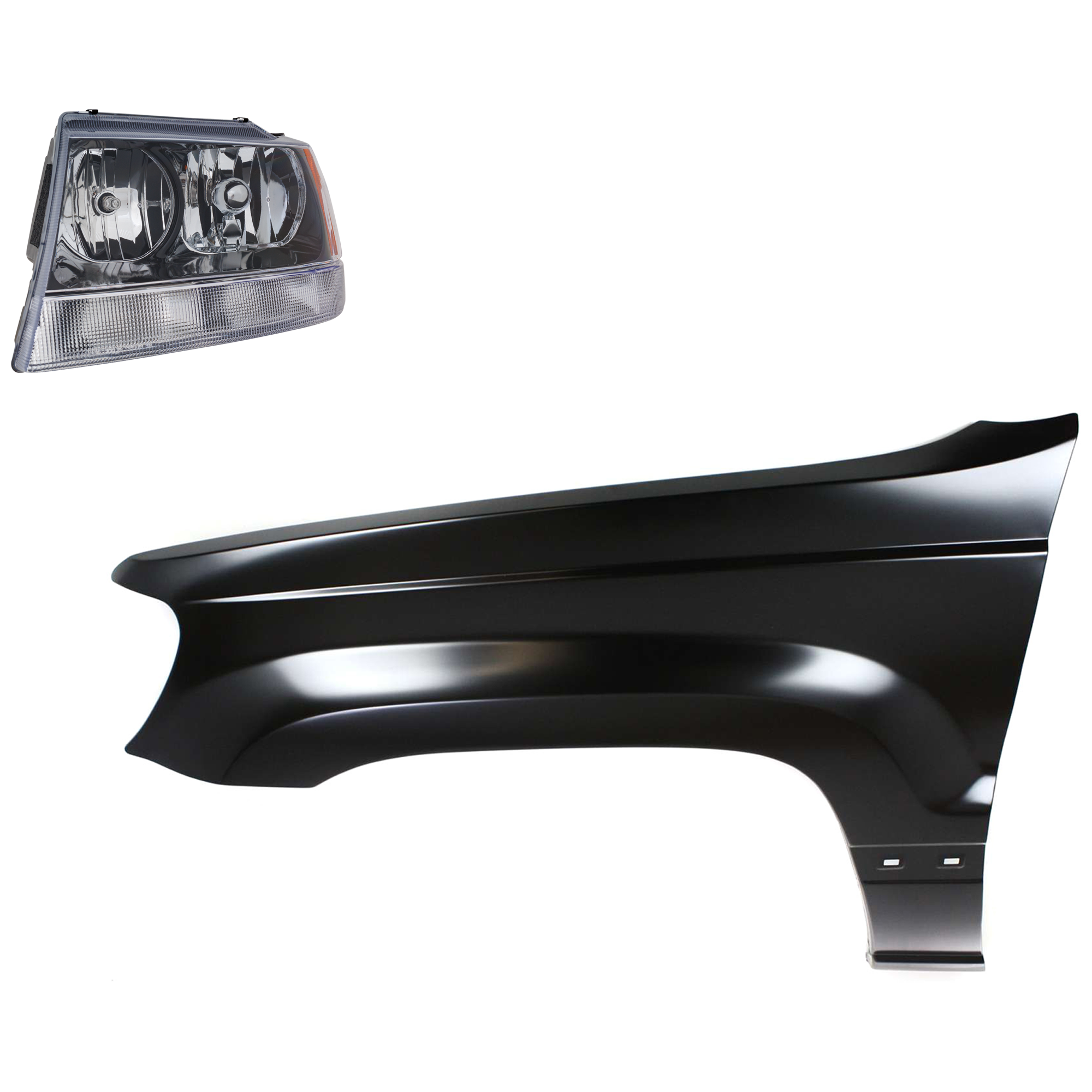 AM GRAND CHEROKEE 02-04 HEAD LAMP LH Assembly Halogen 2 pc Kit with Fender SKU KIT 030823-19905 Partslink CH1240211 CH2502138 OEM 55135901AC 55155129AJ