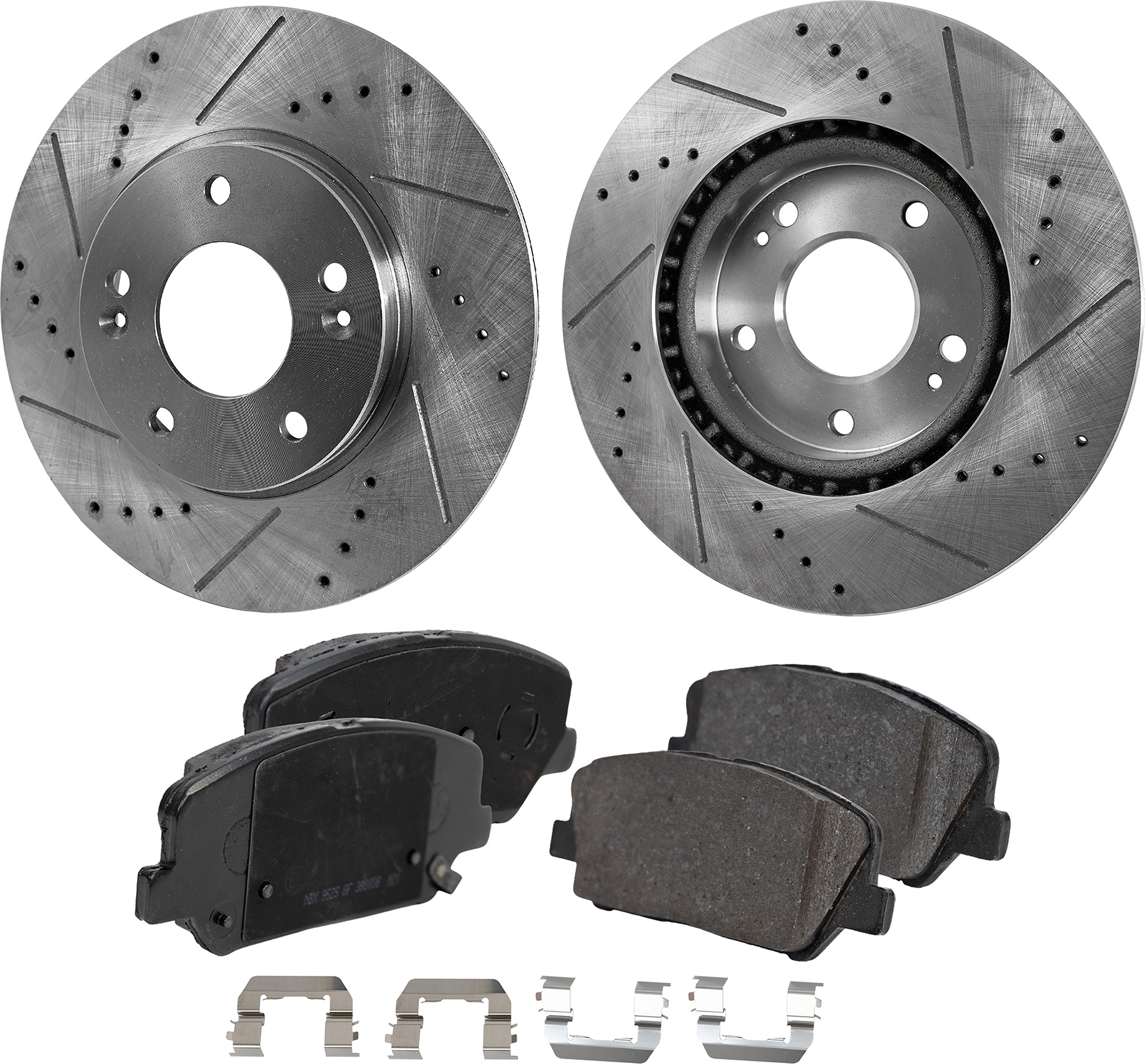 AM VELOSTER 14-17 FRONT BRAKE DISC AND PAD KIT 4 pc kit Cross drilled and Slotted Non Asbestos Organic SKU KIT 030823-20 OEM 31584-44745-0833519-0833528-85