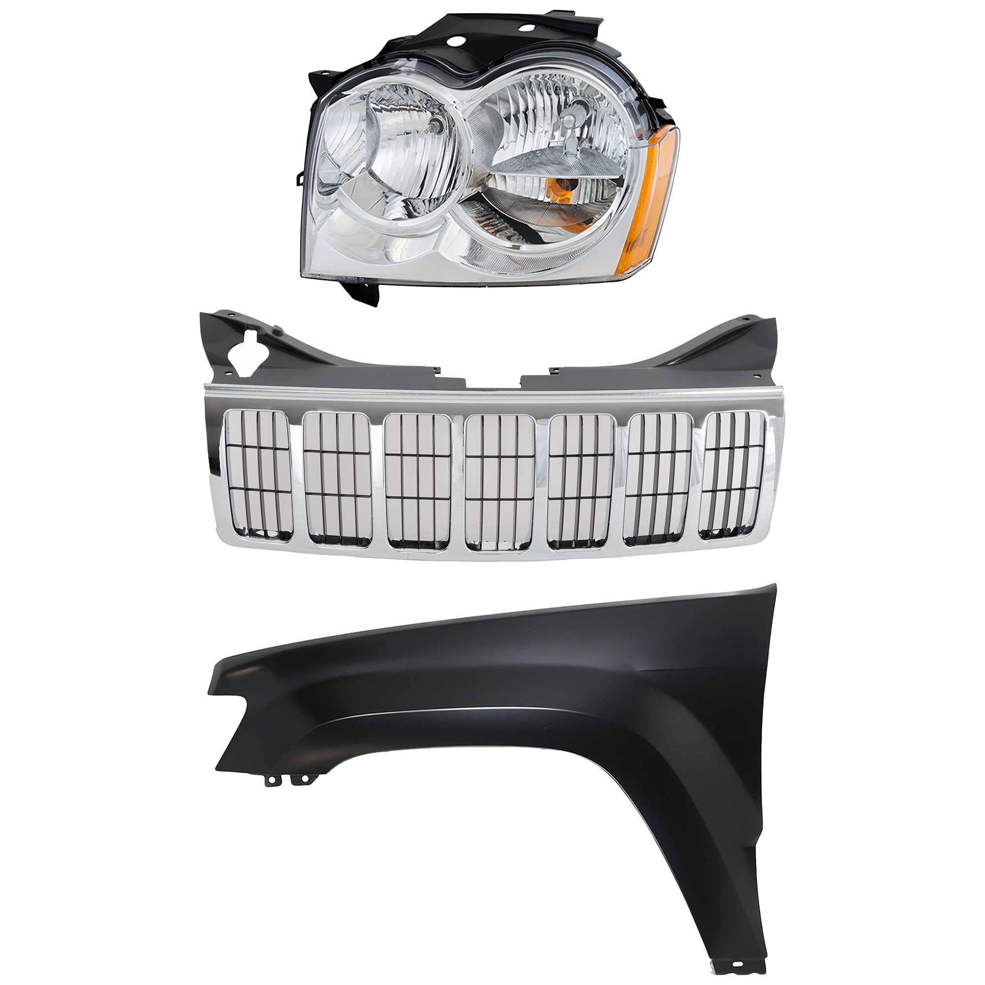 AM GRAND CHEROKEE 05-07 HEAD LAMP LH Assembly Halogen 3 pc Kit with Fender and Grille Assembly SKU KIT 030823-21102 Partslink CH1240242 CH1200284 OEM 55156351AK PFM 55394451AB 5515