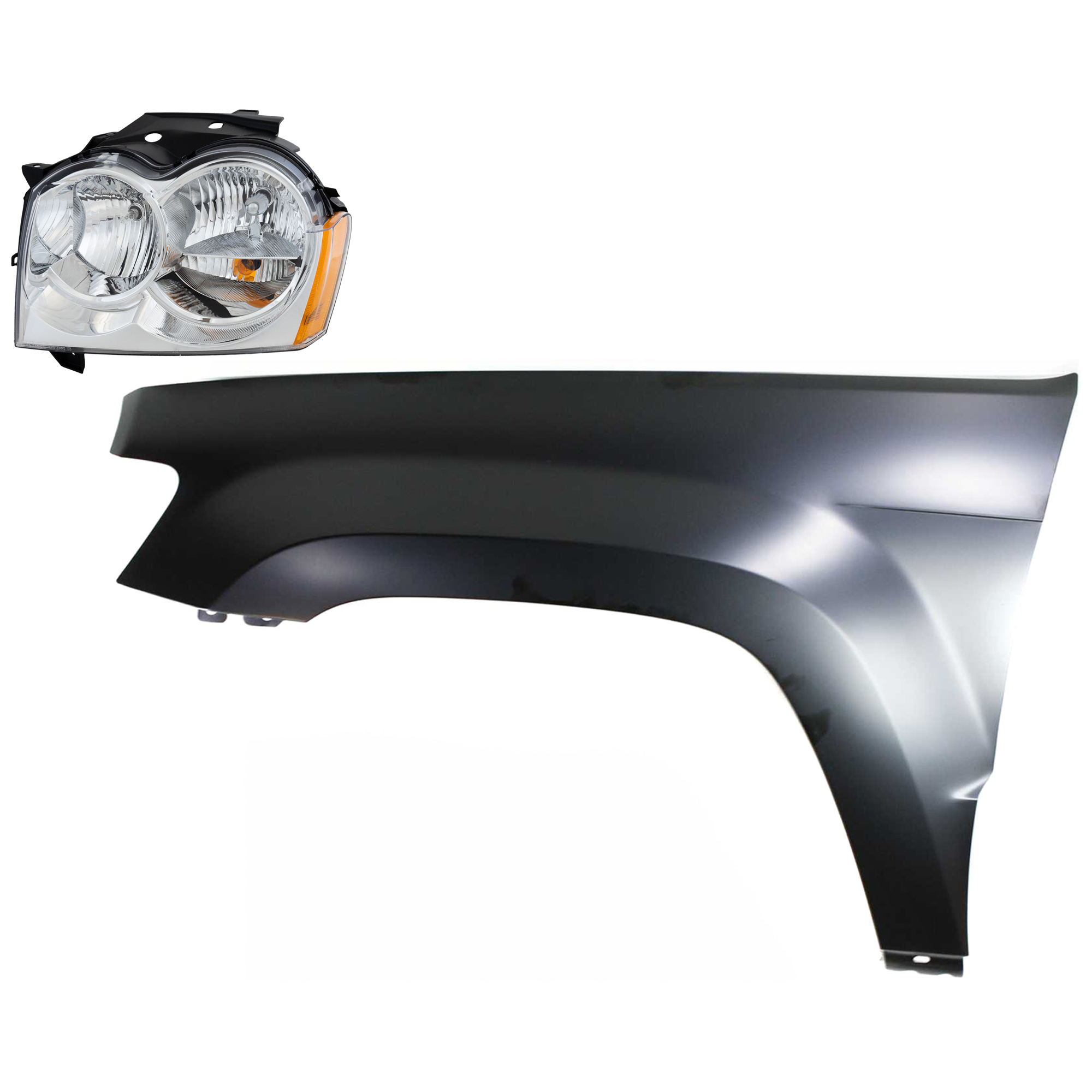 AM GRAND CHEROKEE 05-07 HEAD LAMP LH Assembly Halogen 2 pc Kit with Fender SKU KIT 030823-21105 Partslink CH1240242 OEM 55156351AK PFM 55394451AB