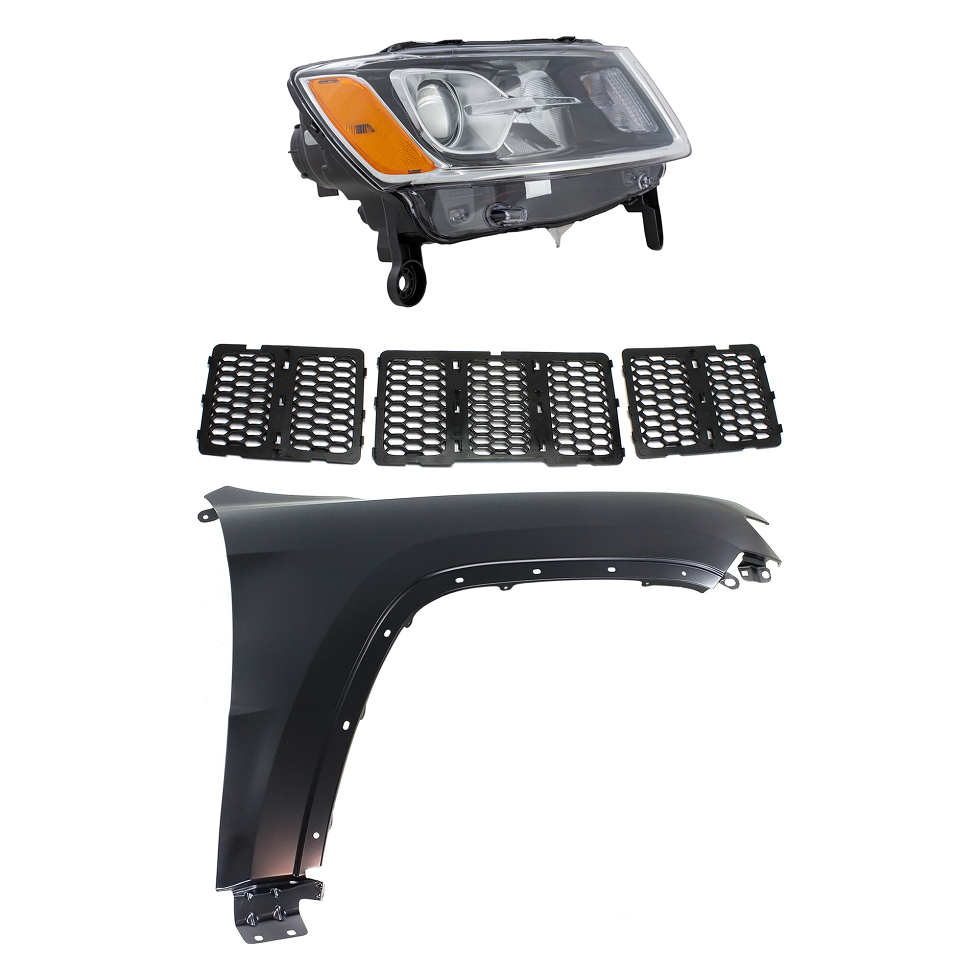 AM GRAND CHEROKEE 14-16 HEAD LAMP RH 3 pc Kit Assembly Halogen with Fender and Grille SKU KIT 030823-22501 Partslink CH2503247 CH1241272 CH1200377 OEM 68110996AF 55369596AF 68143074