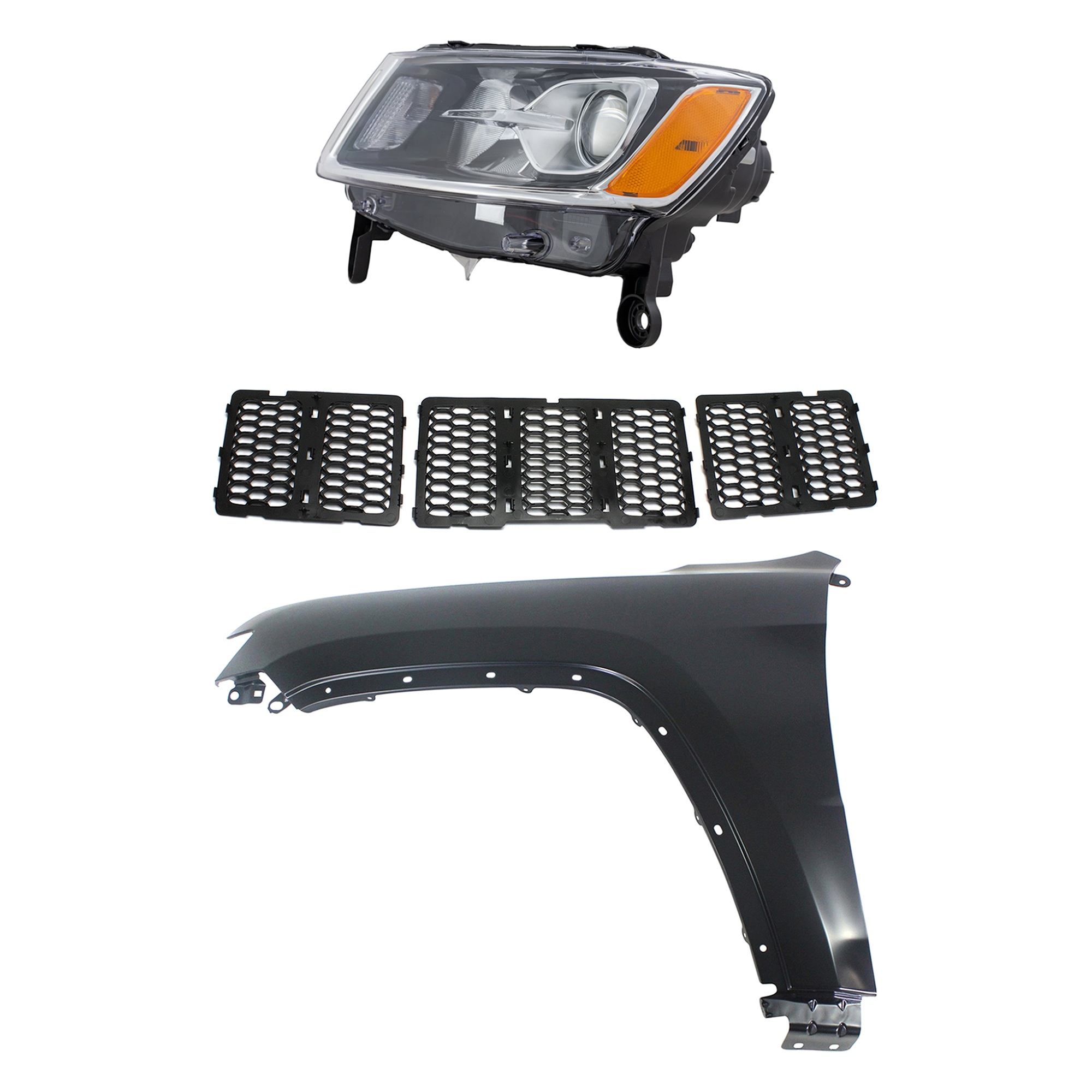 AM GRAND CHEROKEE 14-16 HEAD LAMP LH 3 pc Kit Assembly Halogen with Fender and Grille SKU KIT 030823-22502 Partslink CH2502247 CH1240272 CH1200377 OEM 68110997AF 55369597AF 68143074