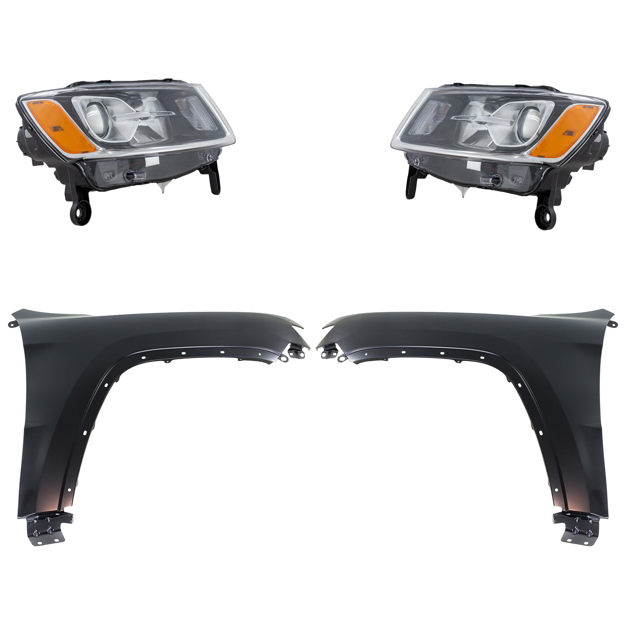 AM GRAND CHEROKEE 14-16 HEAD LAMP RH AND LH Halogen Assembly 4 pc Kit with Fenders SKU KIT 030823-22503 Partslink CH2502247 CH2503247 CH1240272 CH1241272 OEM 68110996AF 68110997AF 55369597