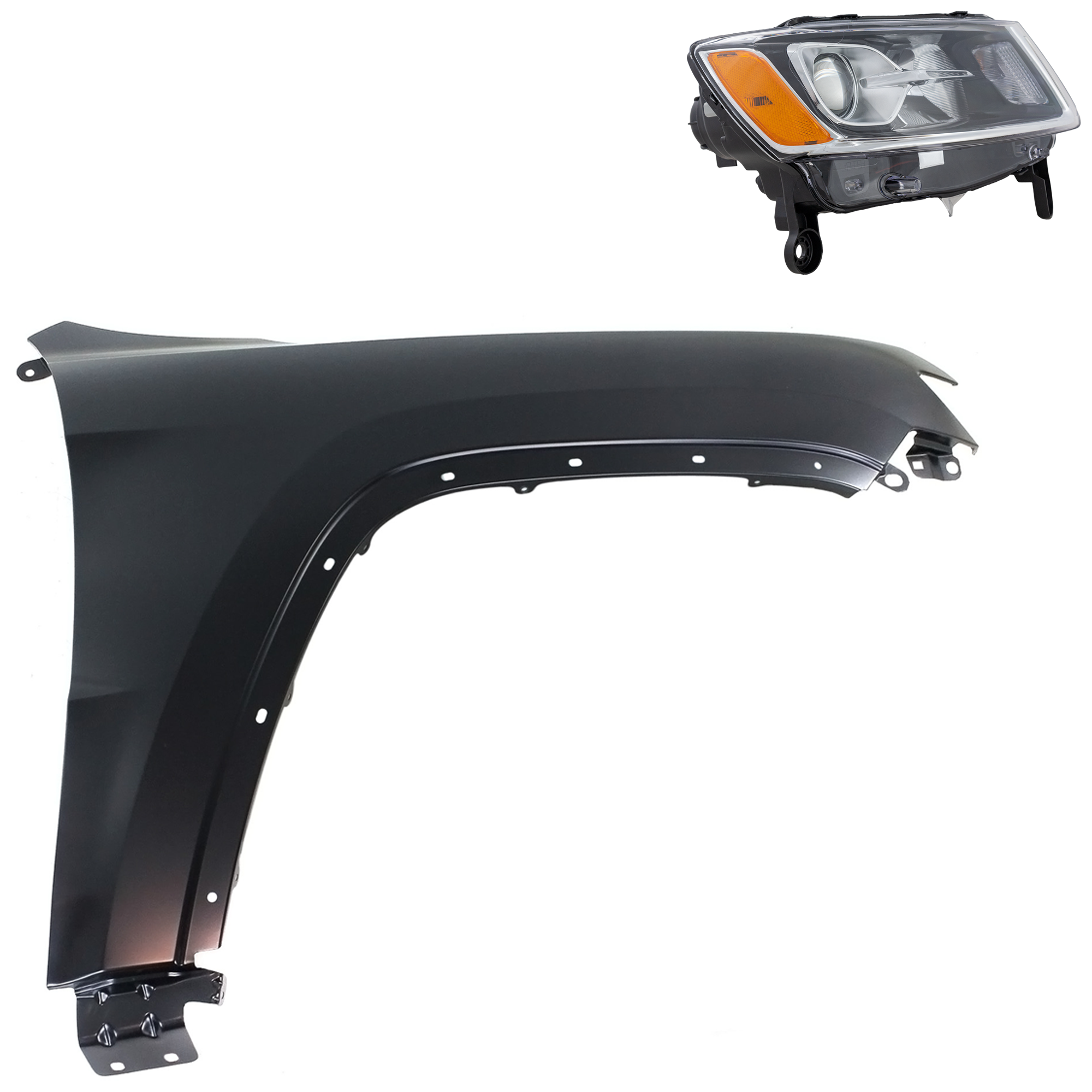 AM GRAND CHEROKEE 14-16 HEAD LAMP RH Halogen Assembly 2 pc Kit with Fender SKU KIT 030823-22504 Partslink CH2503247 CH1241272 OEM 68110996AF 55369596AF