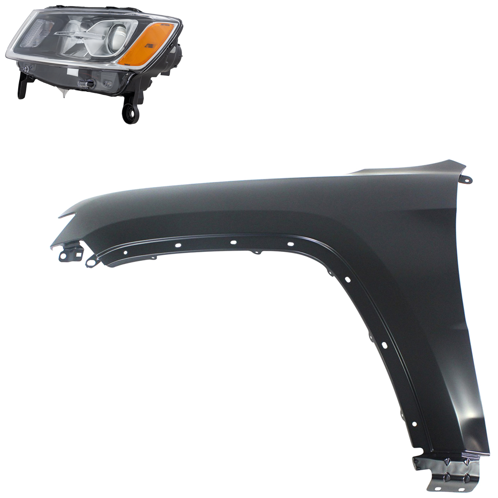AM GRAND CHEROKEE 14-16 HEAD LAMP LH Halogen Assembly 2 pc Kit with Fender SKU KIT 030823-22505 Partslink CH2502247 CH1240272 OEM 68110997AF 55369597AF