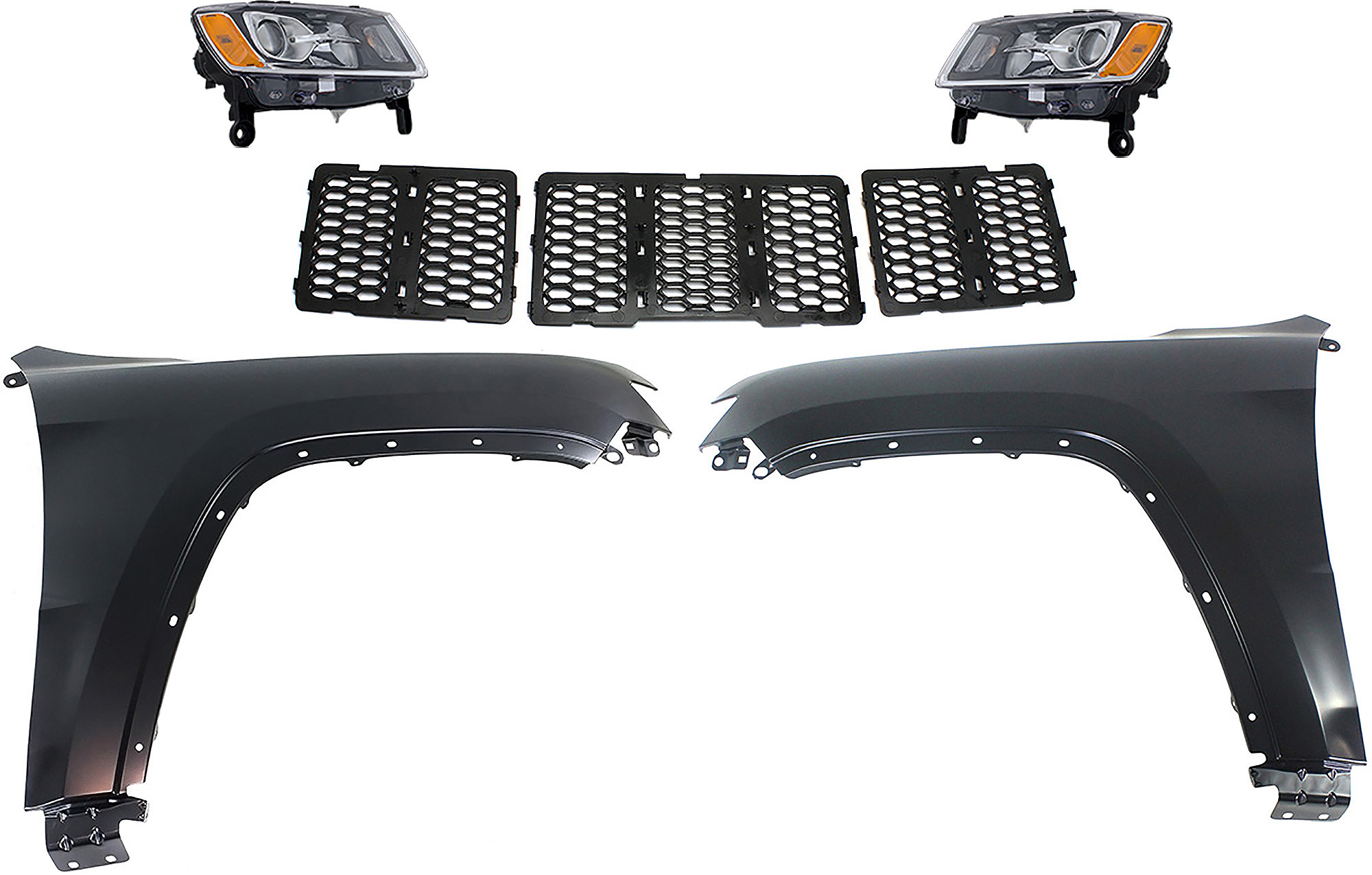 AM GRAND CHEROKEE 14-16 HEAD LAMP RH AND LH Halogen Assembly 5 pc Kit with Fenders and Grille Assembly SKU KIT 030823-225 Partslink CH2502247 CH2503247 CH1240272 CH1241272 CH1200377 OEM 68110996AF 68110997AF 55369597