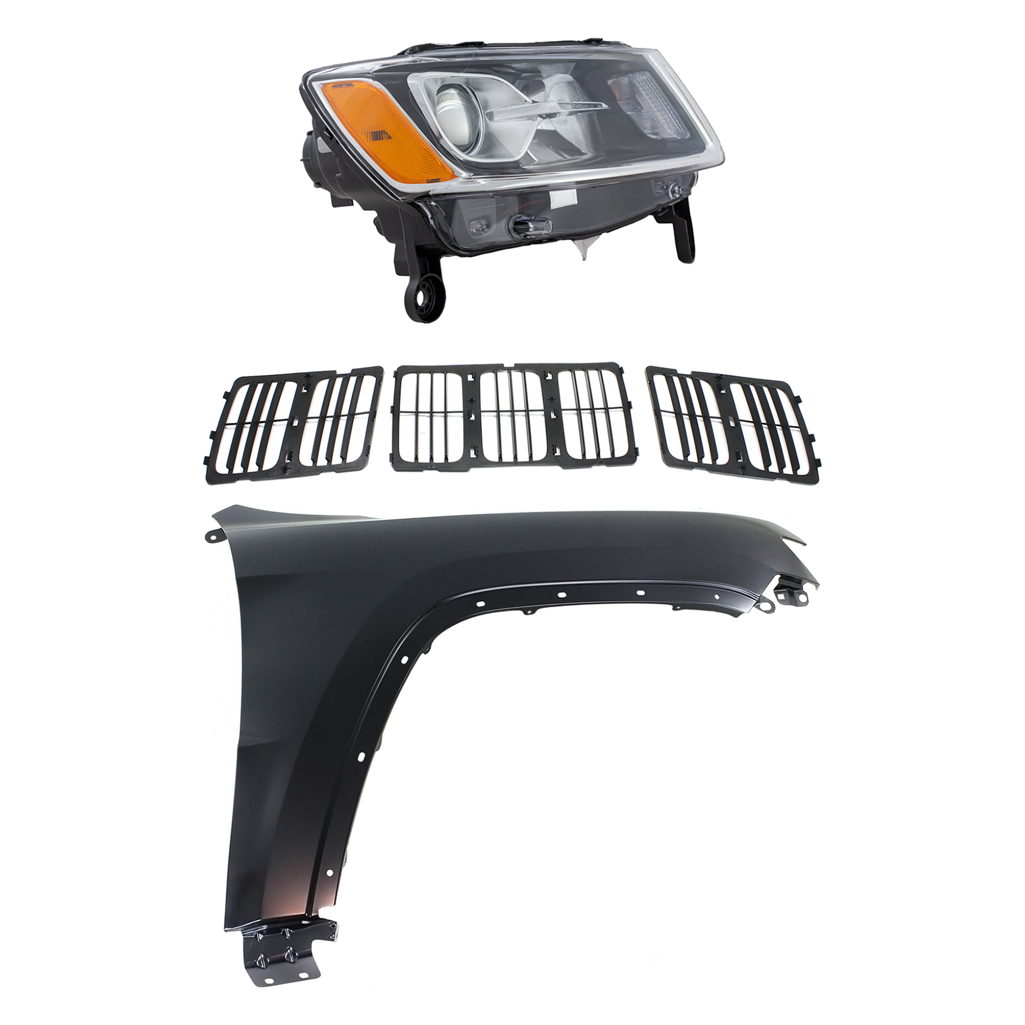 AM GRAND CHEROKEE 14-16 HEAD LAMP RH Halogen Assembly 3 pc Kit with Fender and Grille Assembly SKU KIT 030823-22601 Partslink CH2503247 CH1241272 CH1200369 OEM 68110996AF 55369596AF 68143073
