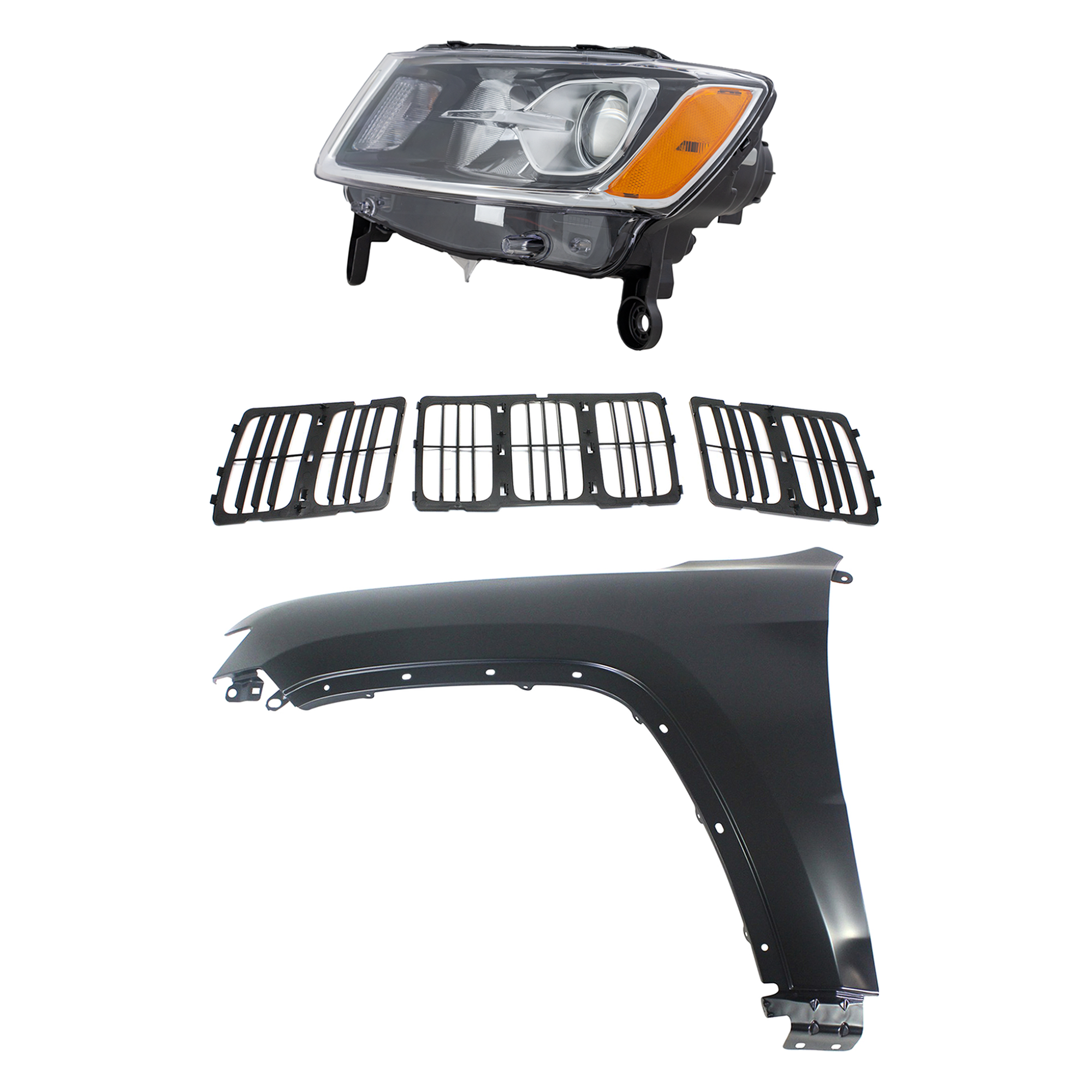 AM GRAND CHEROKEE 14-16 HEAD LAMP LH Halogen Assembly 3 pc Kit with Fender and Grille Assembly SKU KIT 030823-22602 Partslink CH2502247 CH1240272 CH1200369 OEM 68110997AF 55369597AF 68143073
