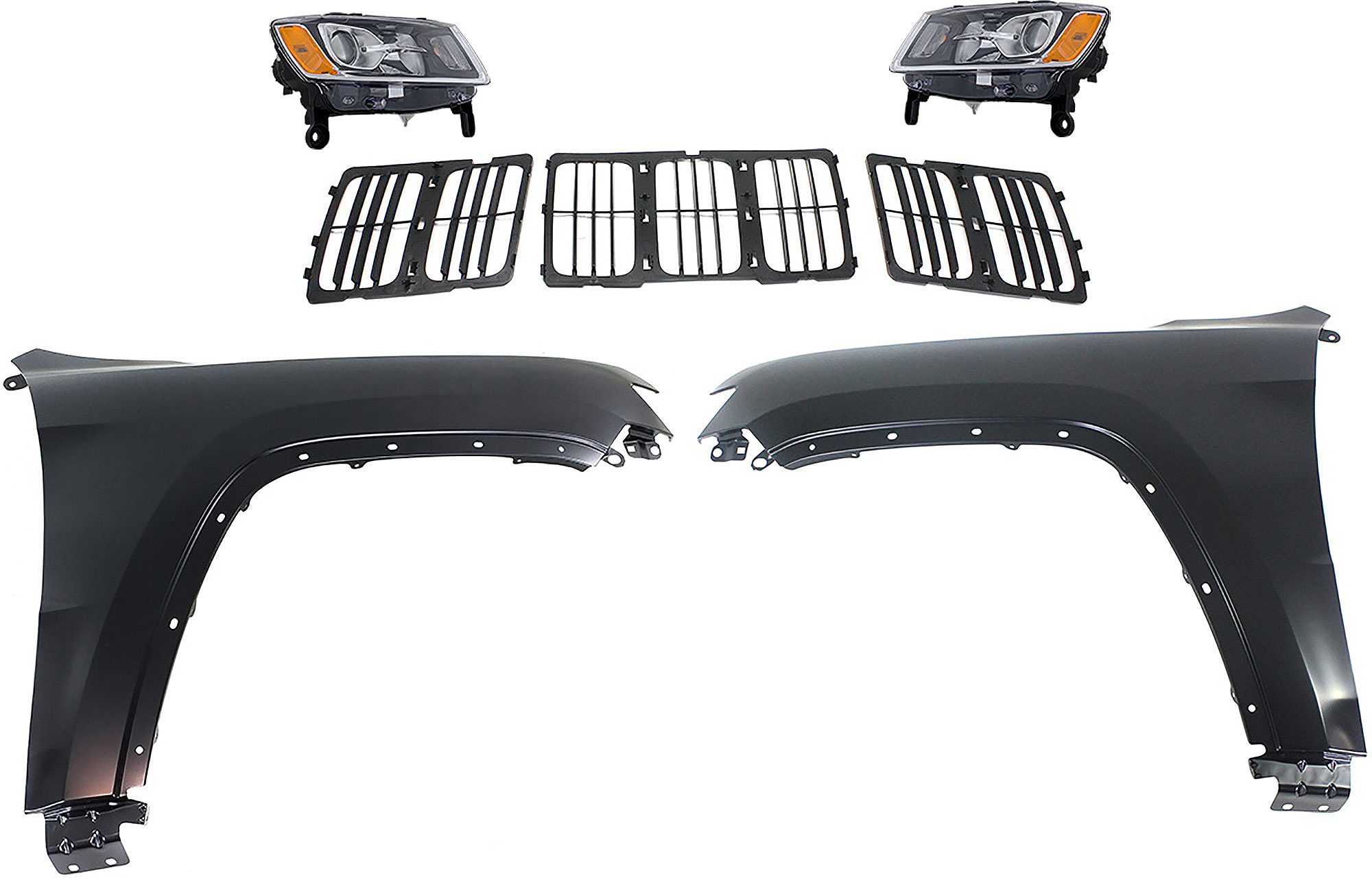 AM GRAND CHEROKEE 14-16 HEAD LAMP RH AND LH Halogen Assembly 5 pc Kit with Fenders and Grille Assembly SKU KIT 030823-226 Partslink CH2502247 CH2503247 CH1240272 CH1241272 CH1200369 OEM 68110996AF 68110997AF 55369597