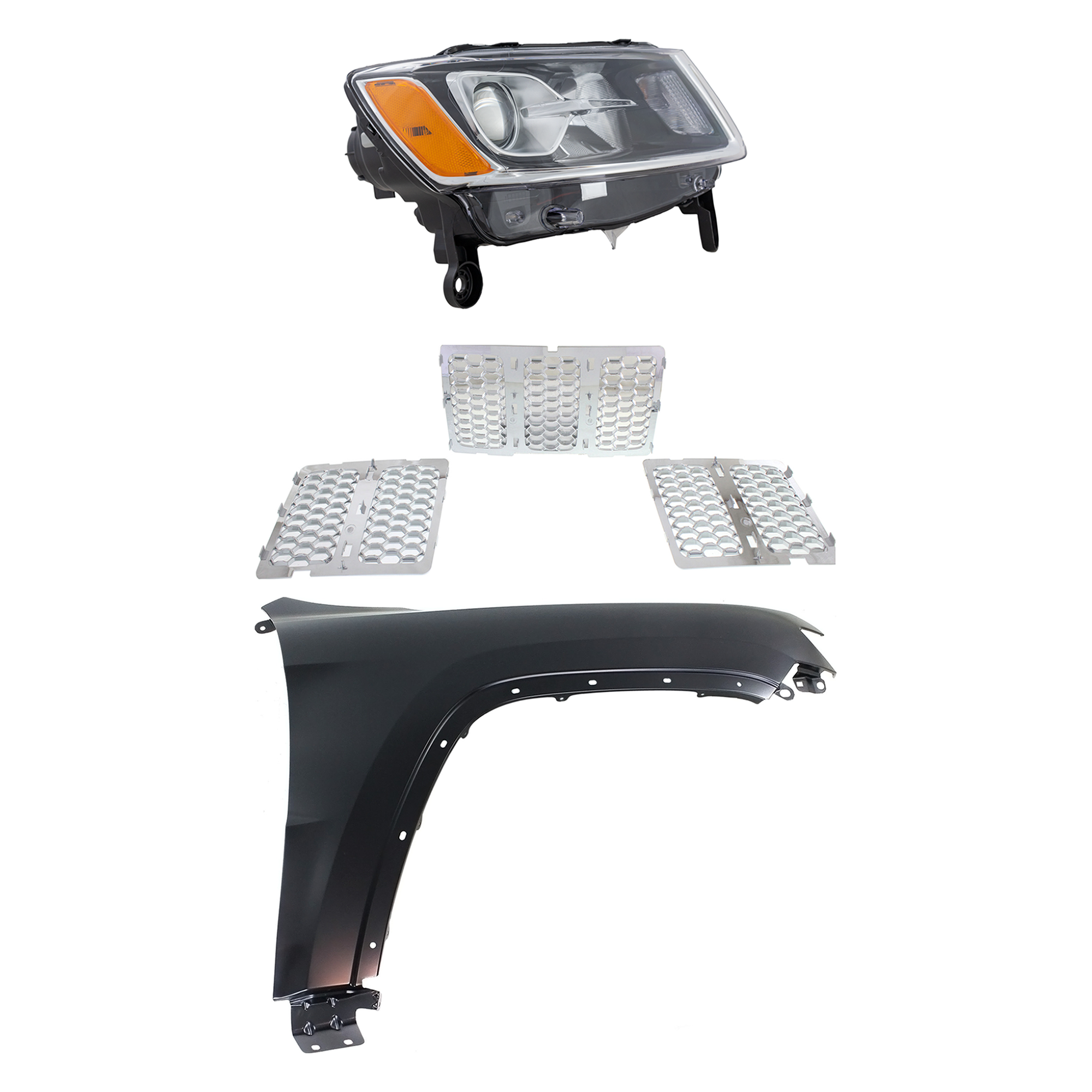 AM GRAND CHEROKEE 14-16 HEAD LAMP RH 3 pc Kit Assembly Halogen with Fender and Grille SKU KIT 030823-22701 Partslink CH2503247 CH1241272 CH1200366 OEM 68110996AF 55369596AF 68143075