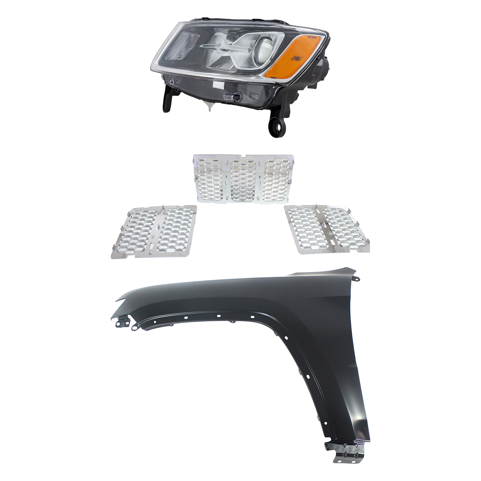 AM GRAND CHEROKEE 14-16 HEAD LAMP LH 3 pc Kit Assembly Halogen with Fender and Grille SKU KIT 030823-22702 Partslink CH2502247 CH1240272 CH1200366 OEM 68110997AF 55369597AF 68143075