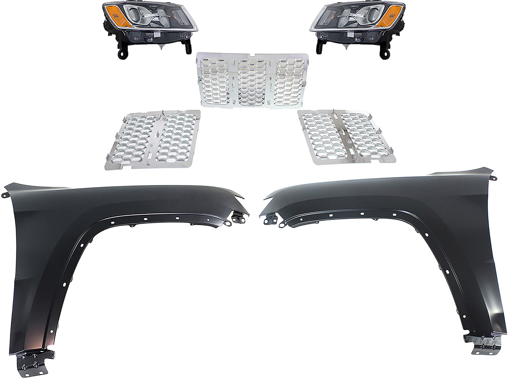 AM GRAND CHEROKEE 14-16 HEAD LAMP RH AND LH Halogen Assembly 5 pc Kit with Fenders and Grille Assembly SKU KIT 030823-227 Partslink CH2502247 CH2503247 CH1240272 CH1241272 CH1200366 OEM 68110996AF 68110997AF 55369597