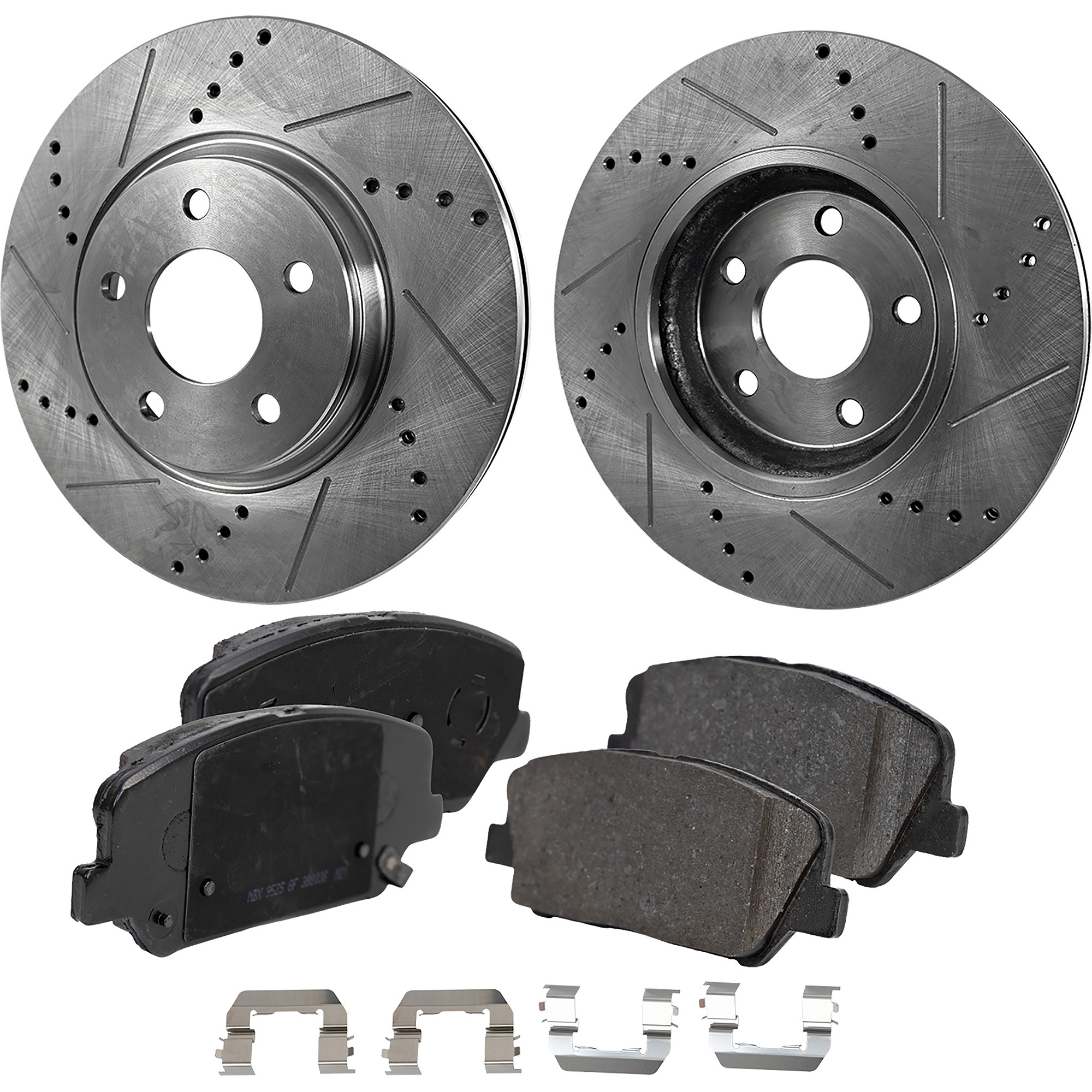 AM FORTE5-14-16 VELOSTER 13-17 FRONT BRAKE DISC AND PAD KIT 4 pc kit Cross drilled and Slotted Non Asbestos Organic SKU KIT 030823-27 OEM 31427-60289-145832-0833006-900