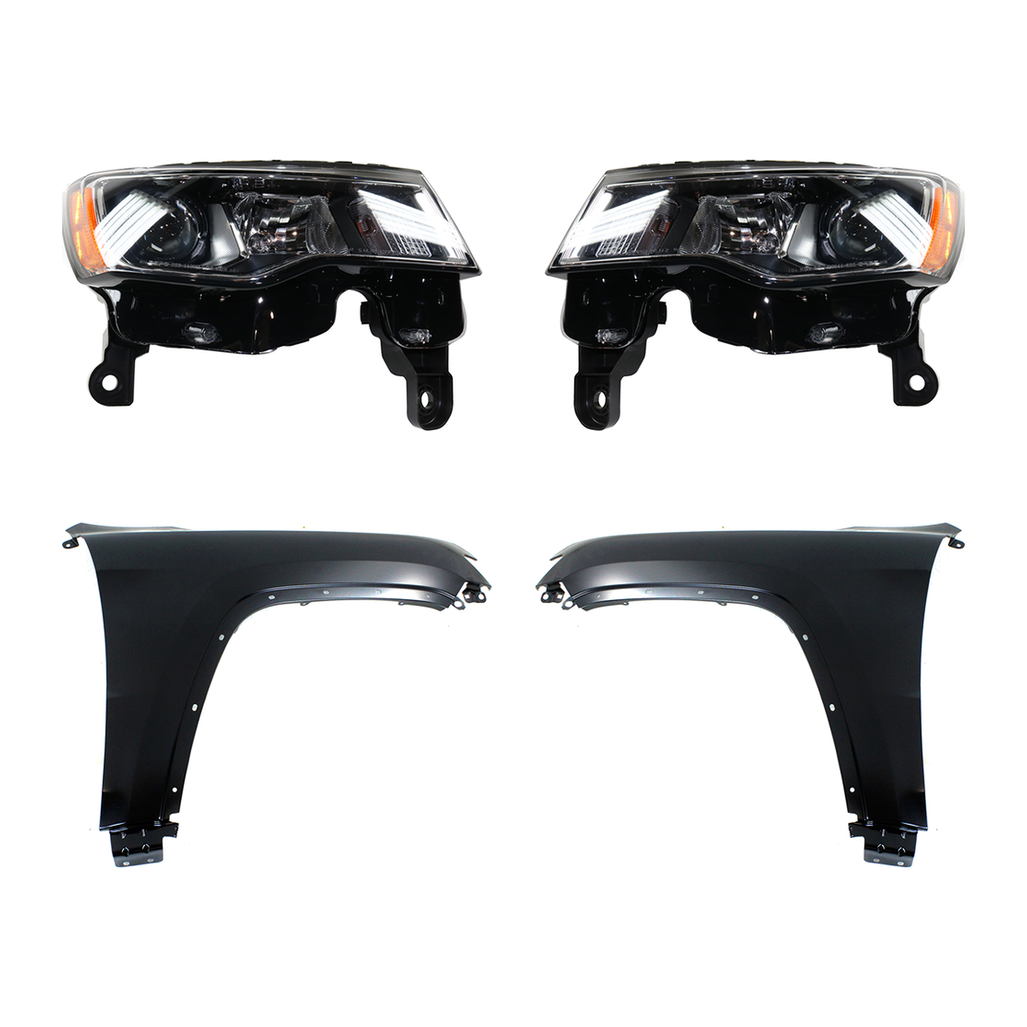 AM GRAND CHEROKEE 17-21 FRONT FENDER RH AND LH Primed 4 pc Kit with Headlights CAPA SKU KIT 030823-3603 Partslink CH1240272C CH1241272C CH2502297C CH2503297C OEM 55369596AF 55369597AF 68289234
