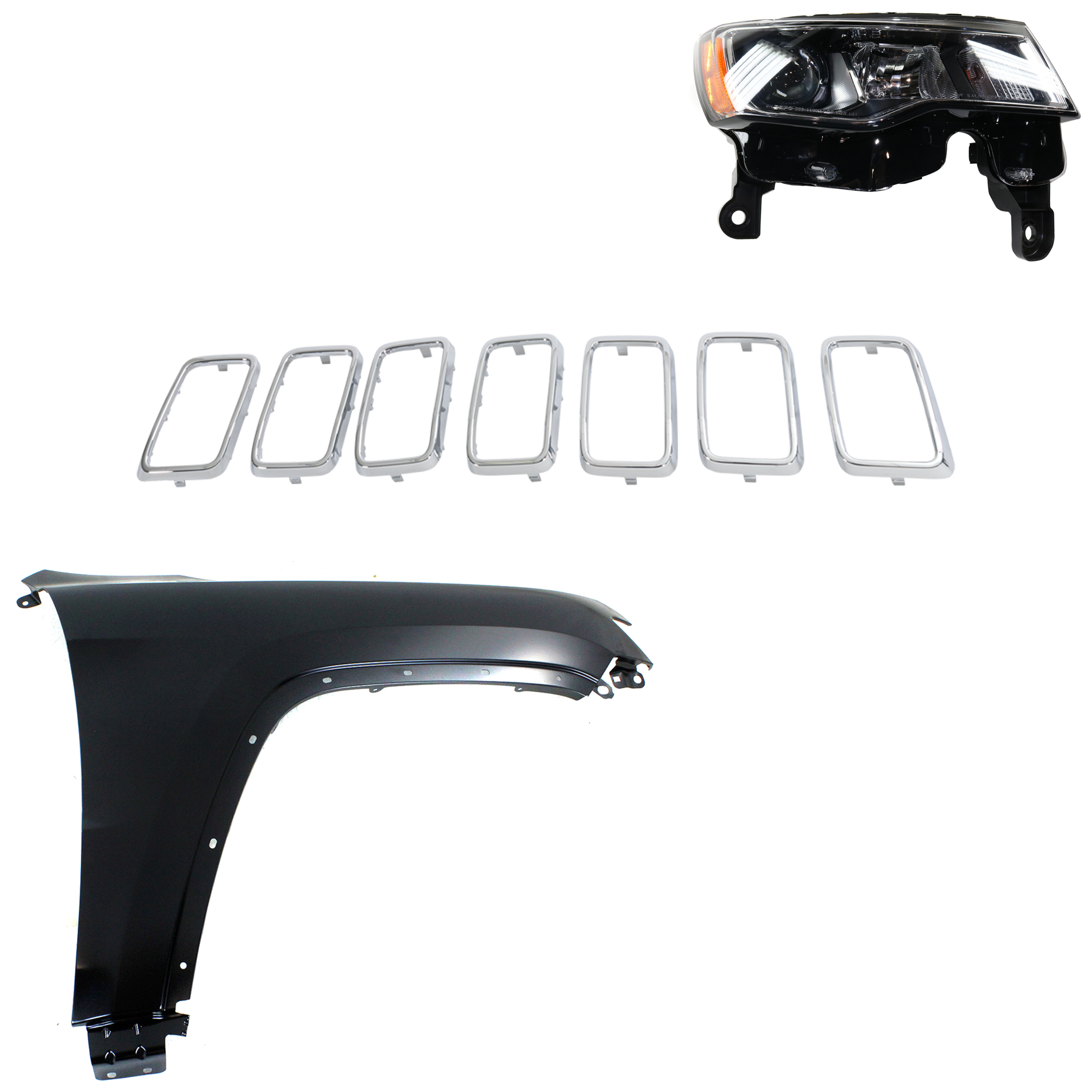 AM GRAND CHEROKEE 17-21 FRONT FENDER RH Primed 3 pc Kit with Grille Insert and Headlight CAPA SKU KIT 030823-3801 Partslink CH1210125C CH1241272C CH2503297C OEM 55369596AF 68289234AE 6ML09SZ0
