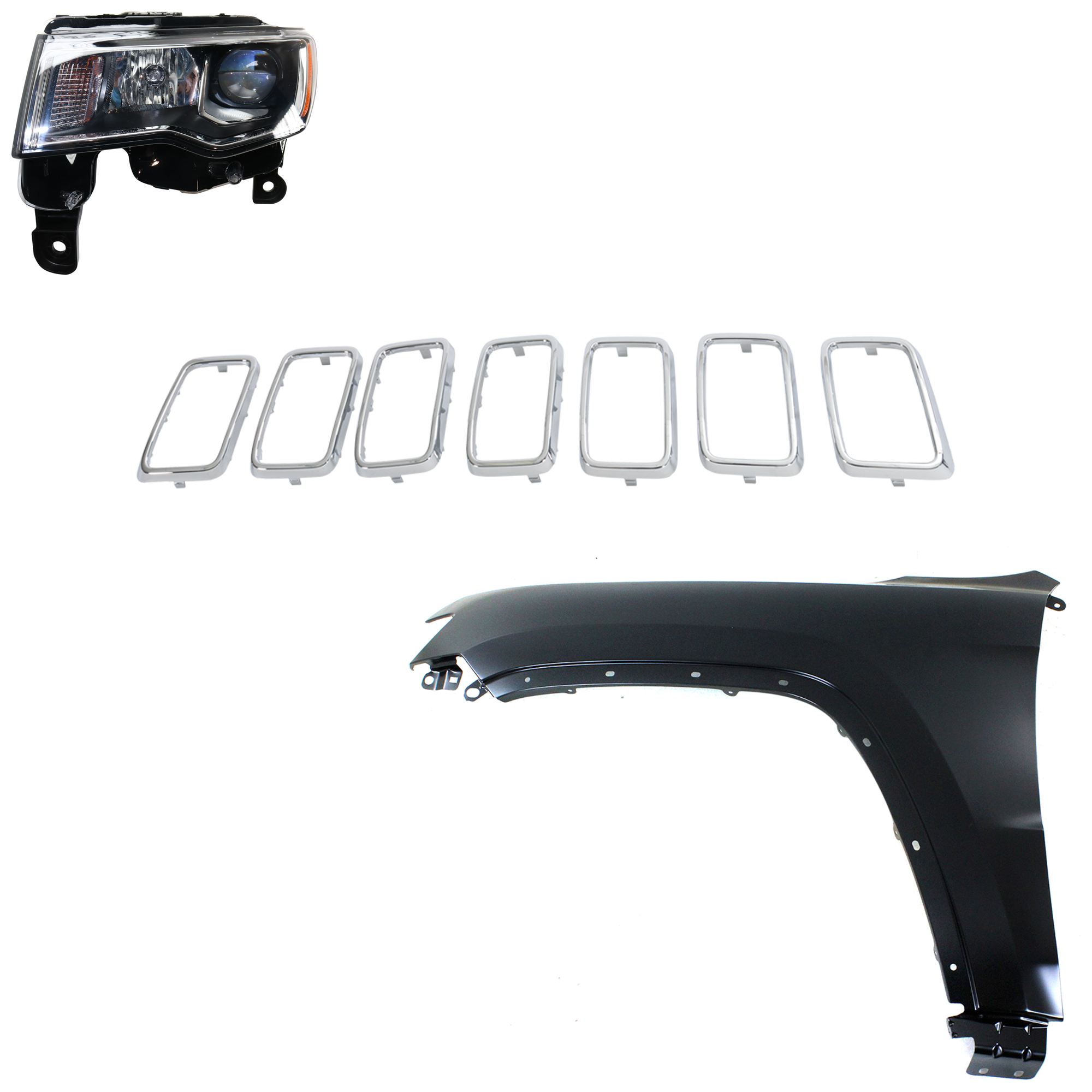 AM GRAND CHEROKEE 17-21 FRONT FENDER LH Primed 3 pc Kit with Grille Insert and Headlight CAPA SKU KIT 030823-3802 Partslink CH1210125C CH1240272C CH2502297C OEM 55369597AF 68289235AE 6ML09SZ0