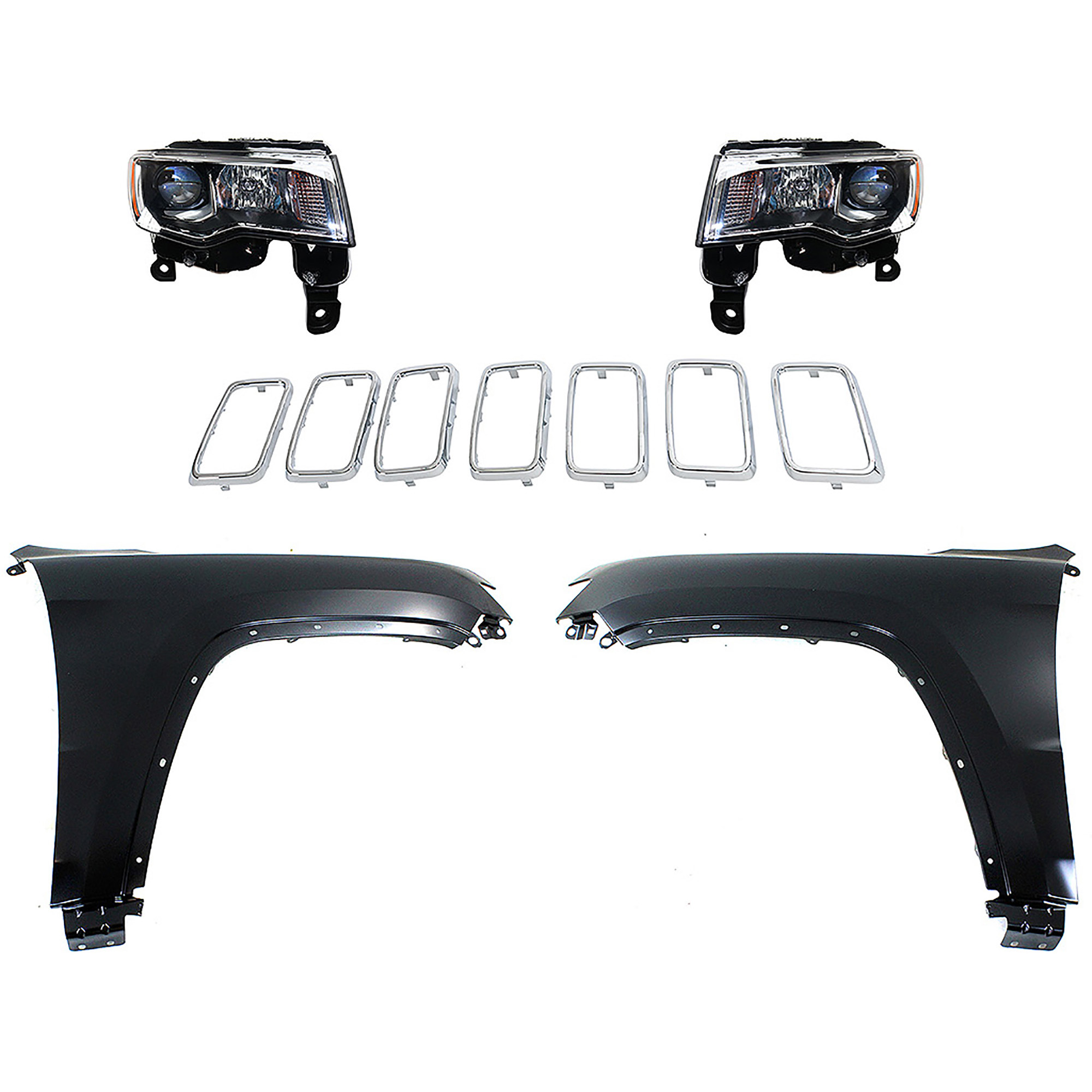 AM GRAND CHEROKEE 17-21 FRONT FENDER RH AND LH Primed 5 pc Kit with Grille Insert and Headlights CAPA SKU KIT 030823-38 Partslink CH1210125C CH1240272C CH1241272C CH2502297C CH2503297C OEM 55369596AF 55369597AF 68289234
